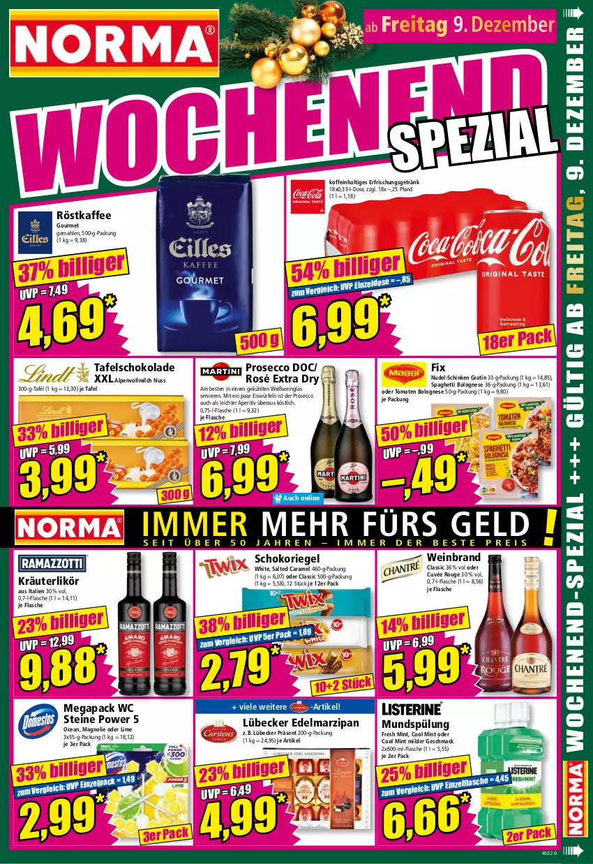 Aktueller Prospekt Norma - Norma - von 05.12 bis 12.12.2022 - strona 15 - produkty: bolognese, caramel, cuvée, ecco, Edelmarzipan, eis, eiswürfel, erfrischungsgetränk, flasche, getränk, kaffee, kräuter, kräuterlikör, likör, Lübecker, mac, marzipan, milch, mint, mundspülung, nudel, nuss, prosecco, riegel, röstkaffee, rouge, schinken, schoko, schokolade, schokoriegel, spaghetti, spaghetti bolognese, spülung, tafelschokolade, Ti, tomate, tomaten, vollmilch, wein, weinbrand, Weißwein, Weißweinglas, würfel