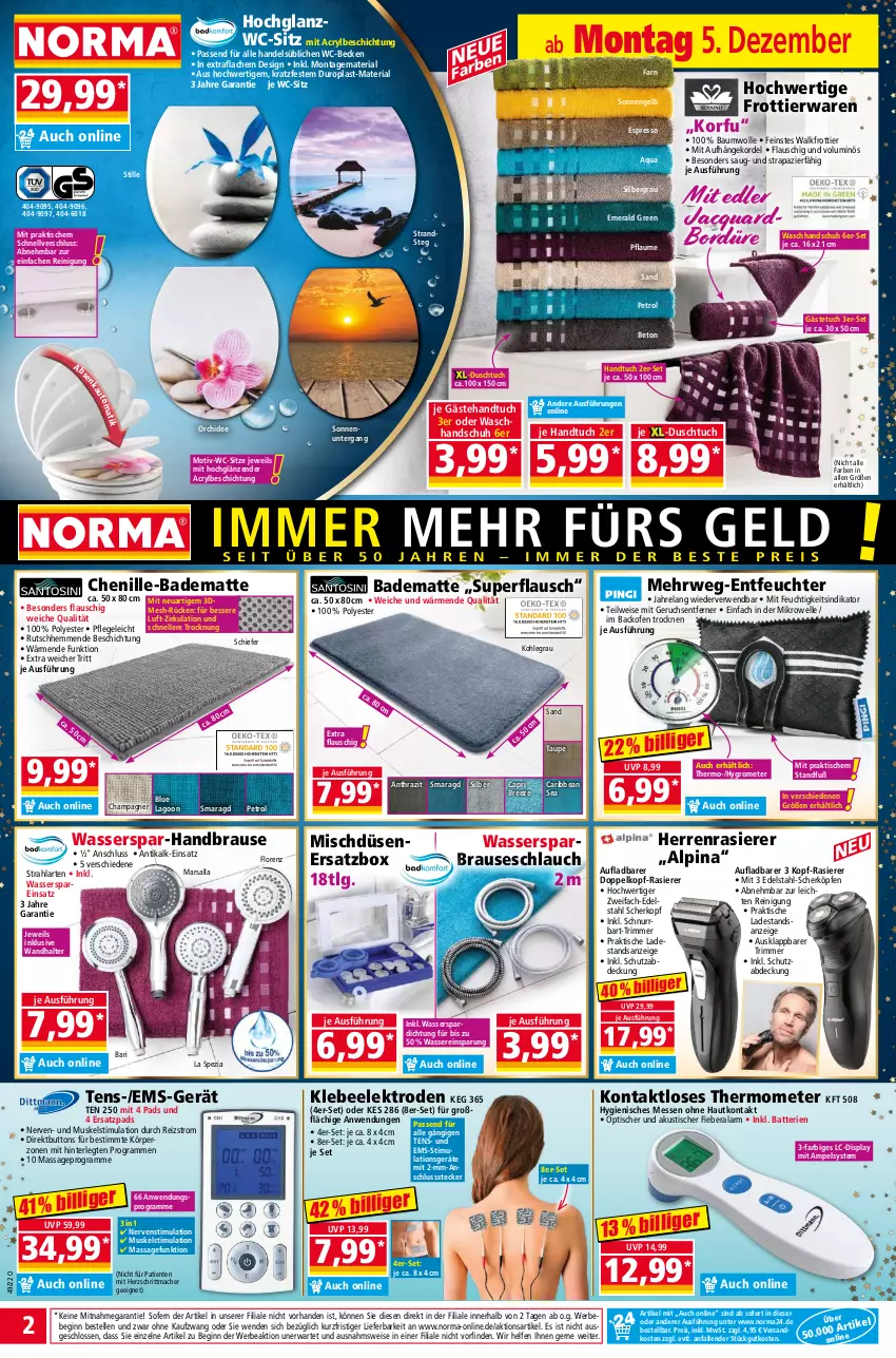 Aktueller Prospekt Norma - Norma - von 05.12 bis 12.12.2022 - strona 2 - produkty: alpina, aqua, backofen, Bad, badematte, batterie, batterien, Bau, baumwolle, Bebe, brause, brauseschlauch, bree, Cap, champagne, champagner, duschtuch, edelstahl, eis, Elan, Elektro, elle, Engel, ente, espresso, gästetuch, gefu, gin, Grom, handbrause, handtuch, herrenrasierer, hochglanz, Hygrometer, LG, lorenz, mac, mars, mikrowelle, ndk, Ofen, orchidee, passend für alle, pflaume, rasierer, Reinigung, reis, rel, Ria, rwe, schlauch, Spezi, thermometer, Ti, tisch, tuc, waschhandschuh, wasser, wc-sitz, wolle