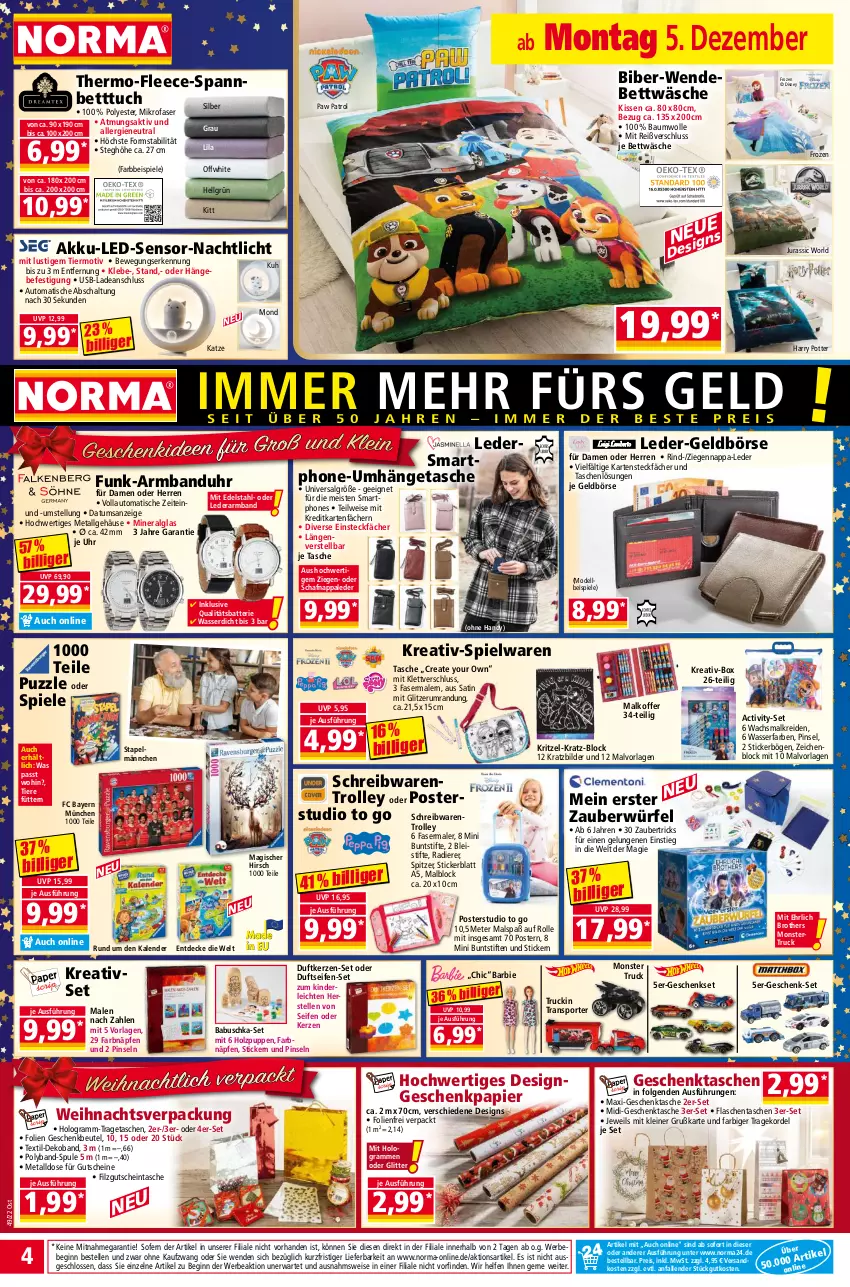 Aktueller Prospekt Norma - Norma - von 05.12 bis 12.12.2022 - strona 4 - produkty: abus, akku, Armband, Armbanduhr, auto, Barbie, batterie, Bau, baumwolle, Bebe, bett, Betttuch, bettwäsche, beutel, Bleistift, bleistifte, brot, brother, buntstifte, decke, dell, disney, Duftkerze, edelstahl, eis, elle, fasermaler, flasche, Geldbörse, Geschenkbeutel, Geschenkpapier, geschenkset, Geschenktasche, gin, gutschein, gutscheine, Handy, Holz, Jura, kerze, Kinder, kissen, koffer, Kreativset, Kreide, leine, LG, Lusti, Malblock, mikrofaser, Mode, monster, Monster Truck, Nachtlicht, ndk, papier, Paw Patrol, Pinsel, Puppe, Puzzle, reis, rind, rum, Schal, schreibwaren, Seife, smartphone, smartphones, spannbetttuch, Spiele, spielwaren, Sport, stifte, Tasche, taschen, Ti, Tiere, tisch, tragetasche, trolley, tuc, uhr, umhängetasche, usb, wasser, wendebettwäsche, wolle, würfel, Yo, zeichenblock