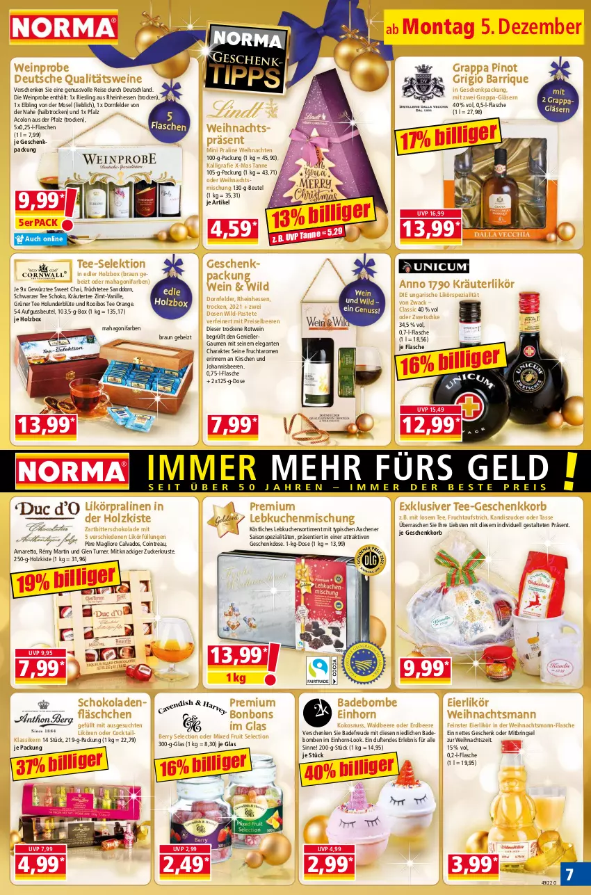 Aktueller Prospekt Norma - Norma - von 05.12 bis 12.12.2022 - strona 7 - produkty: Amaretto, aufstrich, Bad, beere, beeren, beutel, Blüte, bonbons, braun, cocktail, dornfelder, eier, eierlikör, eis, erdbeere, flasche, frucht, fruchtaufstrich, früchte, Früchtetee, geschenkpackung, gewürz, Gläser, grappa, grüner tee, holunder, holunderblüte, Holz, johannisbeere, Johannisbeeren, kirsch, kirsche, kirschen, kokos, kokosnuss, korb, kräuter, kräuterlikör, kuchen, Lebkuchen, likör, nuss, orange, pastete, Pinot, pinot grigio, pralinen, qualitätswein, qualitätsweine, reis, riesling, ring, rotwein, sanddorn, schoko, schokolade, schokoladen, schwarzer tee, Spezi, tasse, tee, Ti, vanille, weihnachten, wein, weine, Wild, Zartbitterschokolade, ZTE, zucker