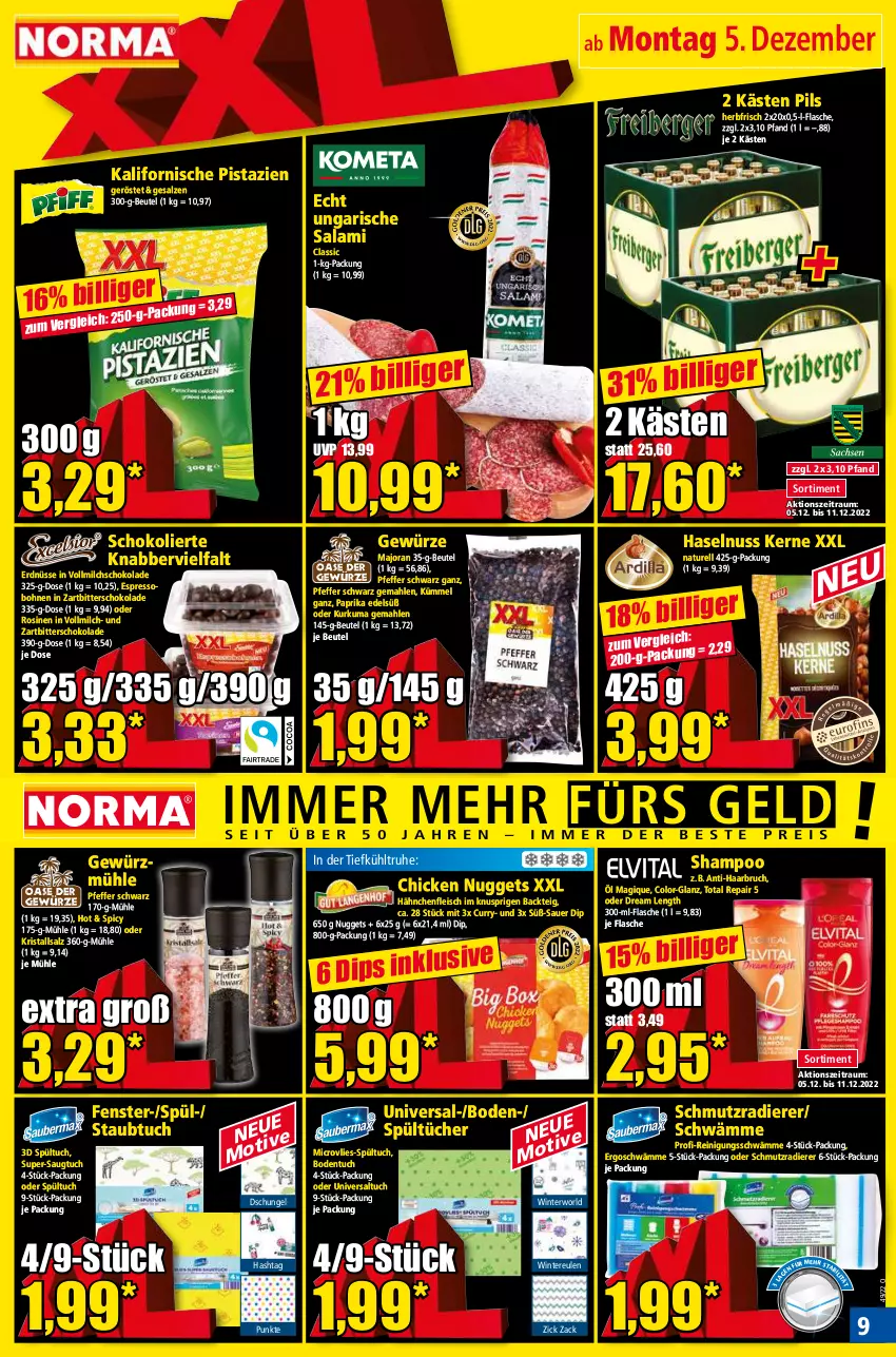 Aktueller Prospekt Norma - Norma - von 05.12 bis 12.12.2022 - strona 9 - produkty: auer, beutel, bohne, bohnen, chicken nuggets, curry, dip, eis, erdnüsse, espresso, fenster, flasche, fleisch, gewürz, Gewürzmühle, Hähnchenfleisch, haselnuss, Kristallsalz, milch, natur, nuggets, nuss, paprika, pfeffer, pils, pistazien, Reinigung, rel, salami, salz, schoko, schokolade, shampoo, Ti, tuc, tücher, Ungarische Salami, vollmilch, Zartbitterschokolade