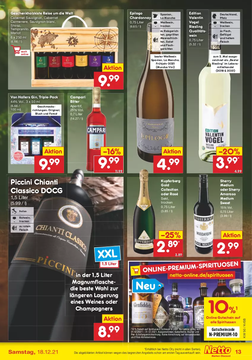 Aktueller Prospekt Netto Marken-Discount - Filial Angebote - von 13.12 bis 18.12.2021 - strona 13 - produkty: amaro, angebot, aperitif, cabernet, cabernet sauvignon, campari, champagne, champagner, chardonnay, chia, chianti, cin, classico, eis, elle, fisch, flasche, fleisch, früchte, früchten, Geflügel, gin, grill, gutschein, gutscheine, Holz, lebensmittel, likör, mac, magnum, meeresfrüchte, merl, merlot, milch, ndk, qualitätswein, reis, riesling, rotwein, salat, sauvignon, sauvignon blanc, sekt, spirituosen, tempranillo, Ti, wein, weine, Weißwein, ZTE