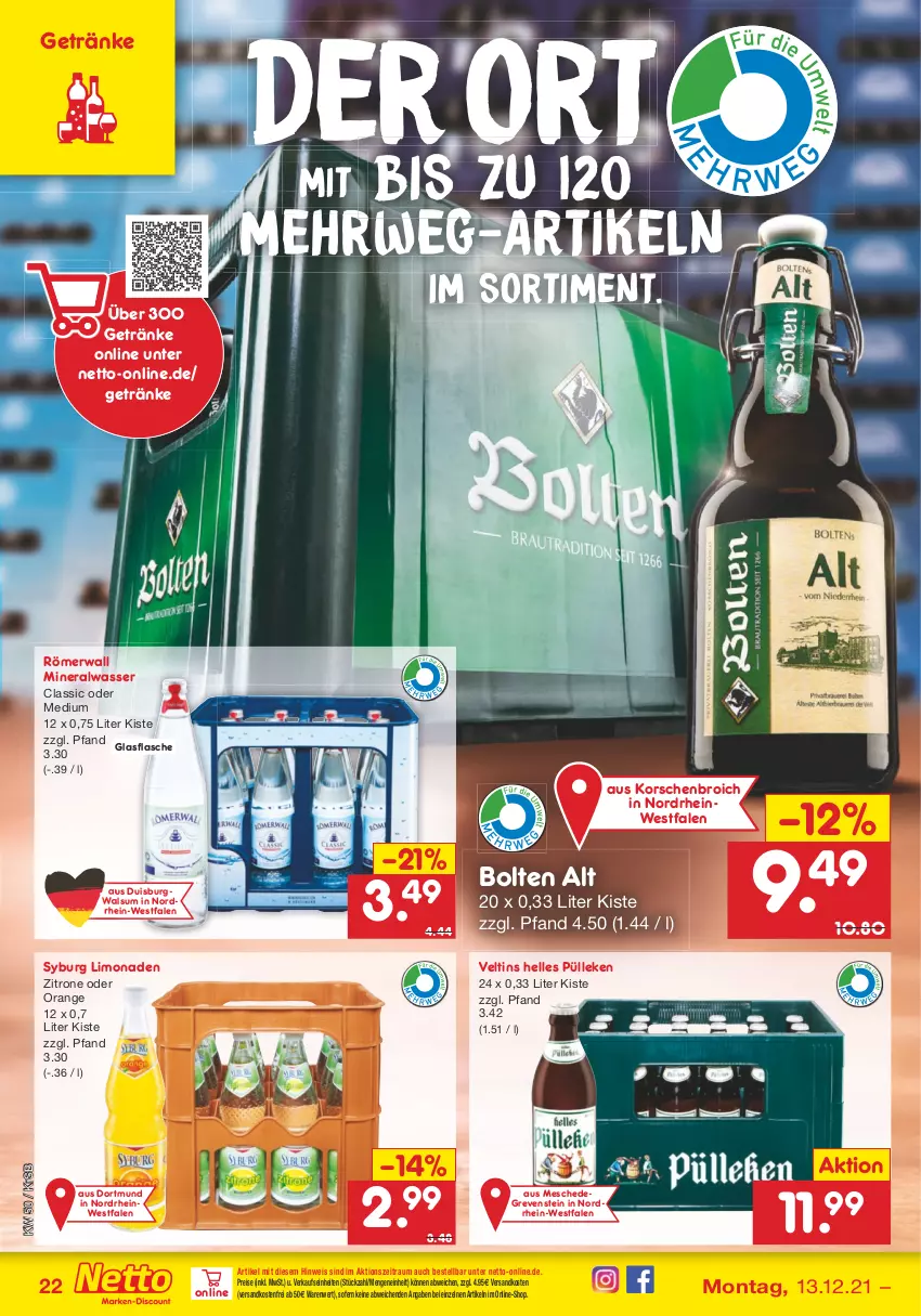 Aktueller Prospekt Netto Marken-Discount - Filial Angebote - von 13.12 bis 18.12.2021 - strona 22 - produkty: Alwa, eis, elle, flasche, getränk, getränke, glasflasche, limo, limonade, limonaden, mineralwasser, Mineralwasser Classic, ndk, orange, reis, rwe, Ti, veltins, versandkostenfrei, wasser, zitrone