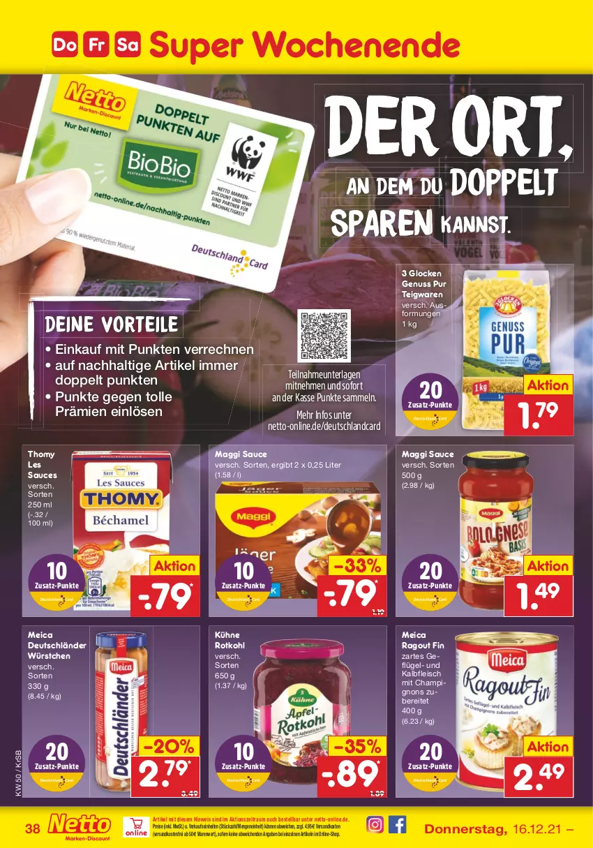 Aktueller Prospekt Netto Marken-Discount - Filial Angebote - von 13.12 bis 18.12.2021 - strona 38 - produkty: champignon, champignons, deutschlandcard, eis, fleisch, Geflügel, Kalbfleisch, Kühne, maggi, meica, ndk, nuss, Ragout, reis, rotkohl, sauce, teigwaren, thomy, thomy les sauces, Ti, versandkostenfrei, würstchen