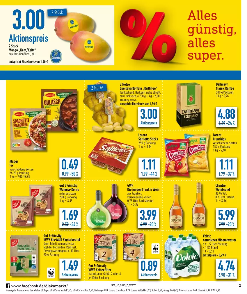 Aktueller Prospekt Diska - Prospekte - von 06.03 bis 11.03.2023 - strona 2 - produkty: aktionspreis, Alwa, beutel, bio, braun, chips, crunchips, dallmayr, eis, flasche, kaffee, kartoffel, kartoffeln, lorenz, lorenz crunchips, mango, mineralwasser, natur, natürliches mineralwasser, nuss, papier, reis, saltletts, speisekartoffeln, Stier, Ti, volvic, volvic natürliches, walnuss, walnusskerne, wasser, wein, weinbrand, ZTE