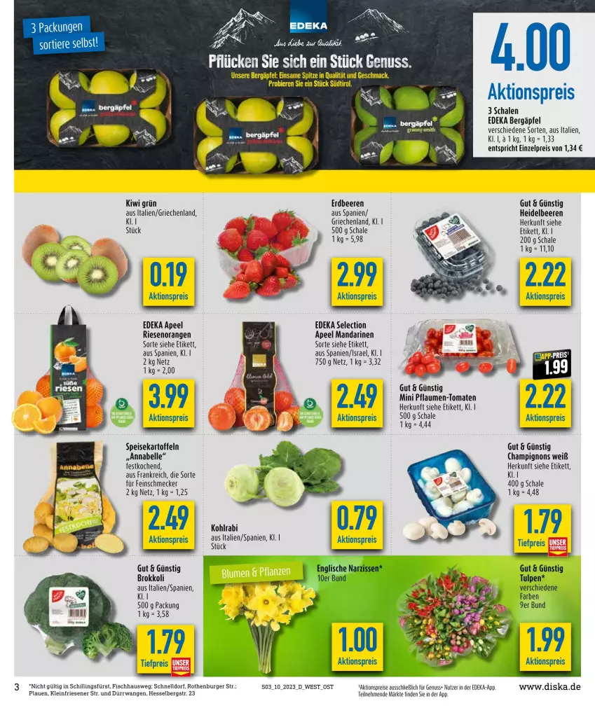 Aktueller Prospekt Diska - Prospekte - von 06.03 bis 11.03.2023 - strona 3 - produkty: aktionspreis, beere, beeren, brokkoli, burger, champignon, champignons, deka, eier, eis, elle, erdbeere, erdbeeren, feinschmecker, fisch, heidelbeere, heidelbeeren, kartoffel, kartoffeln, kiwi, mac, mandarine, mandarinen, Narzissen, nuss, orange, orangen, pflaume, pflaumen, Pflaumen-Tomaten, reis, Schal, Schale, speisekartoffeln, Ti, tiefpreis, tomate, tomaten