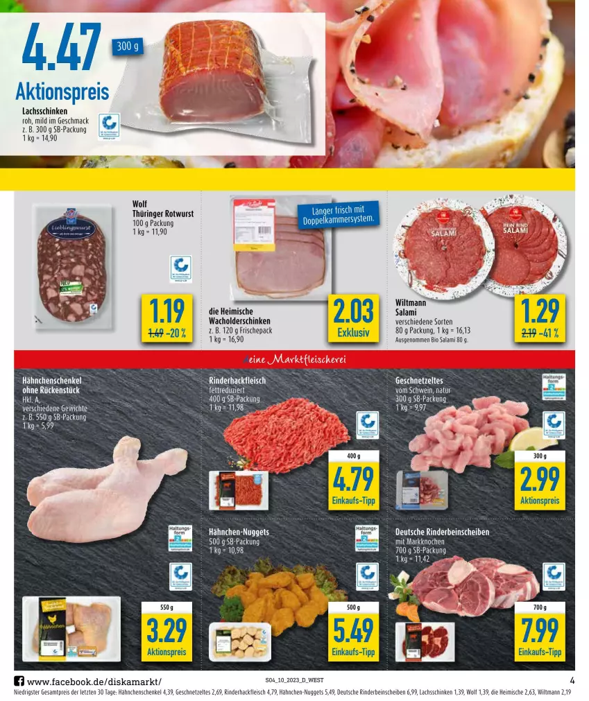 Aktueller Prospekt Diska - Prospekte - von 06.03 bis 11.03.2023 - strona 4 - produkty: aktionspreis, bio, eis, fleisch, geschnetzeltes, hackfleisch, hähnchenschenkel, henkel, lachs, lachsschinken, mac, nuggets, reis, rind, rinder, rinderhackfleisch, ring, Rotwurst, salami, schenkel, schinken, Ti, wiltmann, wurst, Zelt, ZTE