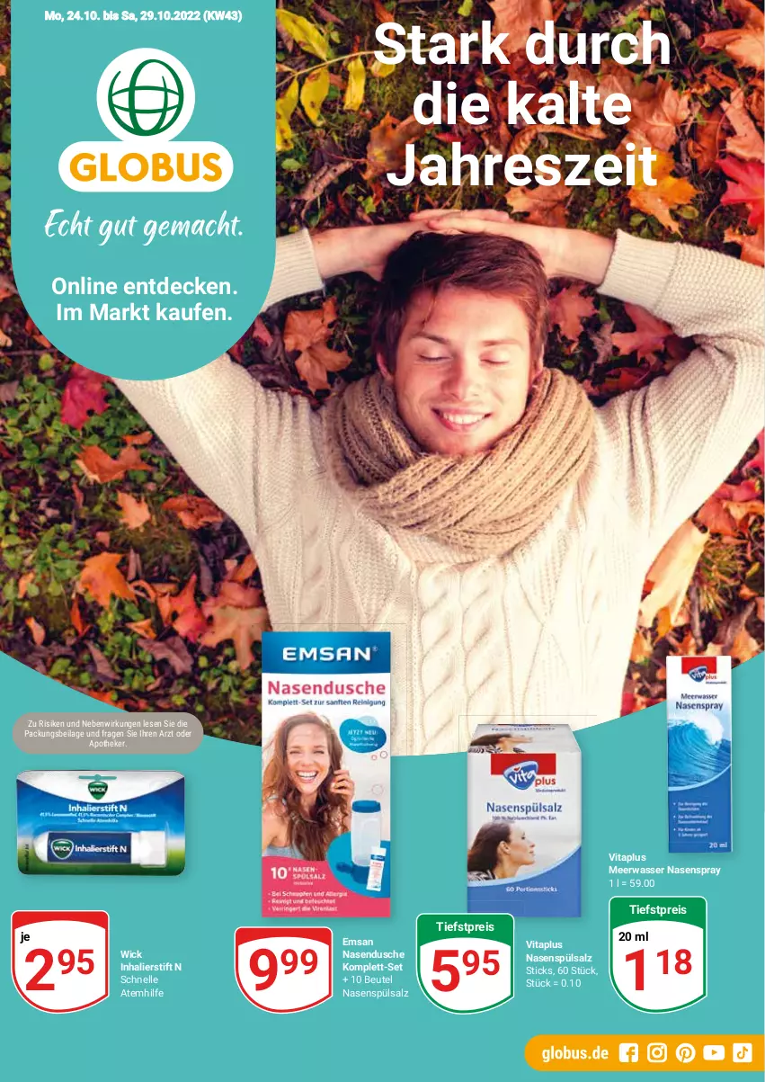 Aktueller Prospekt Globus - Prospekte - von 24.10 bis 29.10.2022 - strona 1 - produkty: Apotheke, beutel, decke, dusche, eis, elle, emsa, ilag, Meerwasser, Nasendusche, Nasenspray, reis, salz, Ti, vita, wasser, WICK