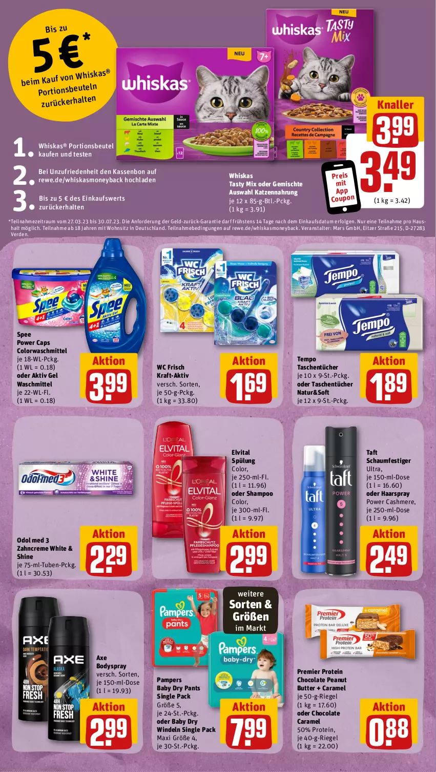 Aktueller Prospekt Rewe - Prospekte - von 12.06 bis 17.06.2023 - strona 10 - produkty: aktiv gel, axe, beutel, body, bodyspray, butter, Cap, caramel, cashmere, cola, colorwaschmittel, coupon, creme, eis, elvital, erde, geld-zurück-garantie, haarspray, katzennahrung, kraft, LG, mars, natur, Odol, odol med, pampers, pampers baby dry, Pants, peanut butter, portionsbeutel, reis, riegel, schaumfestiger, shampoo, spee, spülung, Taft, Tasche, taschen, taschentücher, Tempo, Ti, tücher, vita, waschmittel, wc frisch, whiskas, windeln, zahncreme