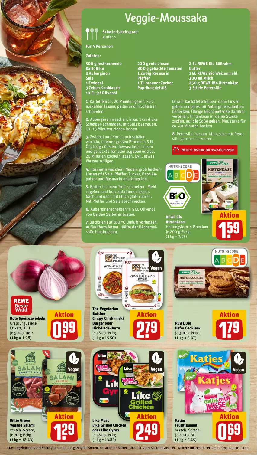 Aktueller Prospekt Rewe - Prospekte - von 12.06 bis 17.06.2023 - strona 3 - produkty: aubergine, auberginen, backofen, bio, braten, braun, burger, butter, cookie, cookies, decke, eis, elle, frucht, fruchtgummi, garnier, gin, grill, gyros, hafer, hirtenkäse, kartoffel, kartoffeln, Käse, katjes, knoblauch, leine, Like Meat, linsen, mehl, milch, Moussaka, Ofen, olive, oliven, olivenöl, paprika, petersilie, pfanne, pfeffer, rewe bio, rezept, rezepte, Ria, rosmarin, Rote Linsen, salami, salz, Soße, Speisezwiebeln, Süßrahmbutter, The Vegetarian Butcher, Ti, tomate, tomaten, topf, Vegeta, veggie, wasser, weizenmehl, würfel, zucker, zwiebel, zwiebeln