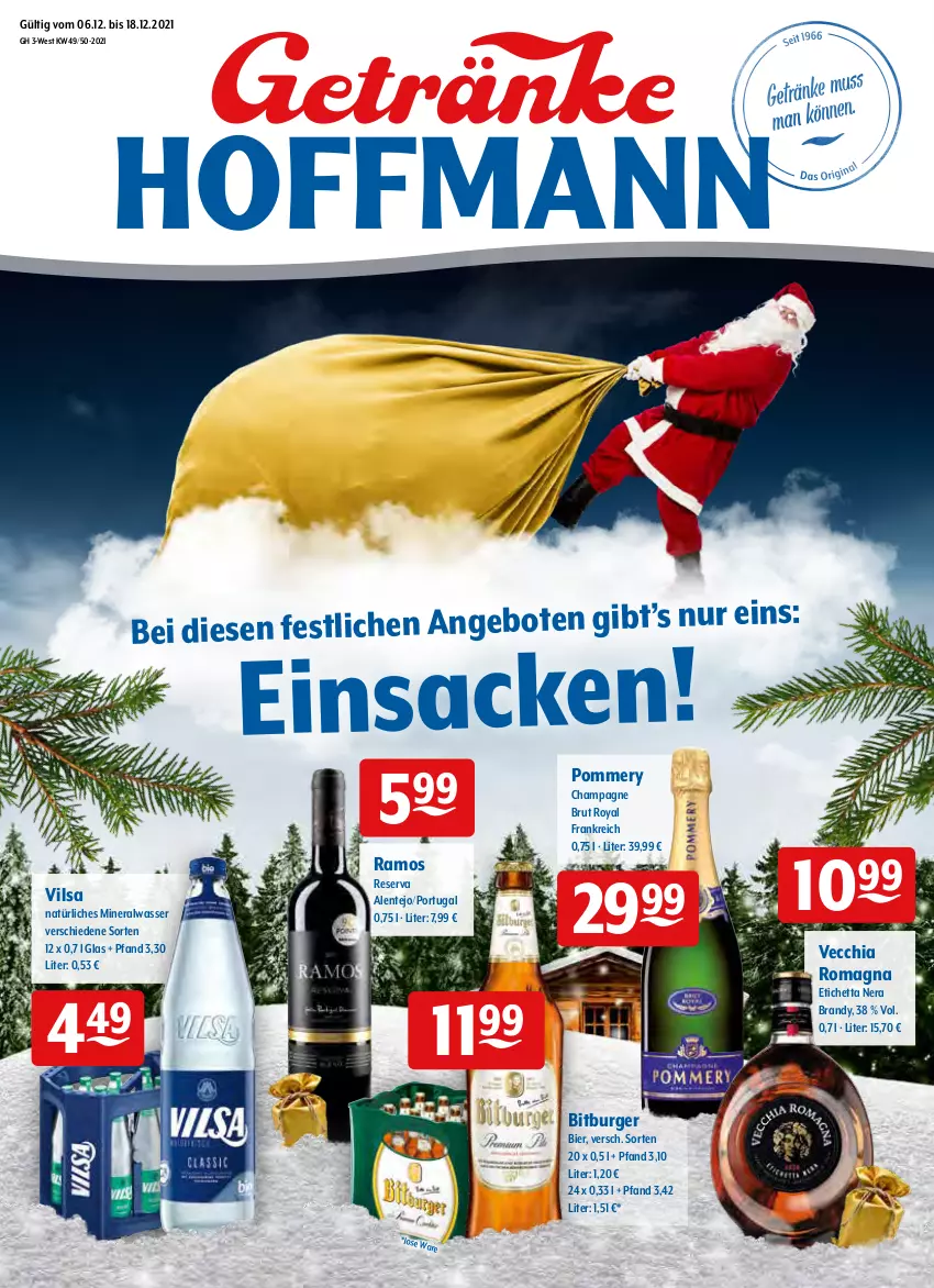 Aktueller Prospekt Getraenke Hoffmann - Prospekte - von 06.12 bis 18.12.2021 - strona 1 - produkty: Alwa, bier, bitburger, brut, burger, champagne, chia, ente, mineralwasser, natürliches mineralwasser, sac, Ti, Vecchia Romagna, vilsa, wasser