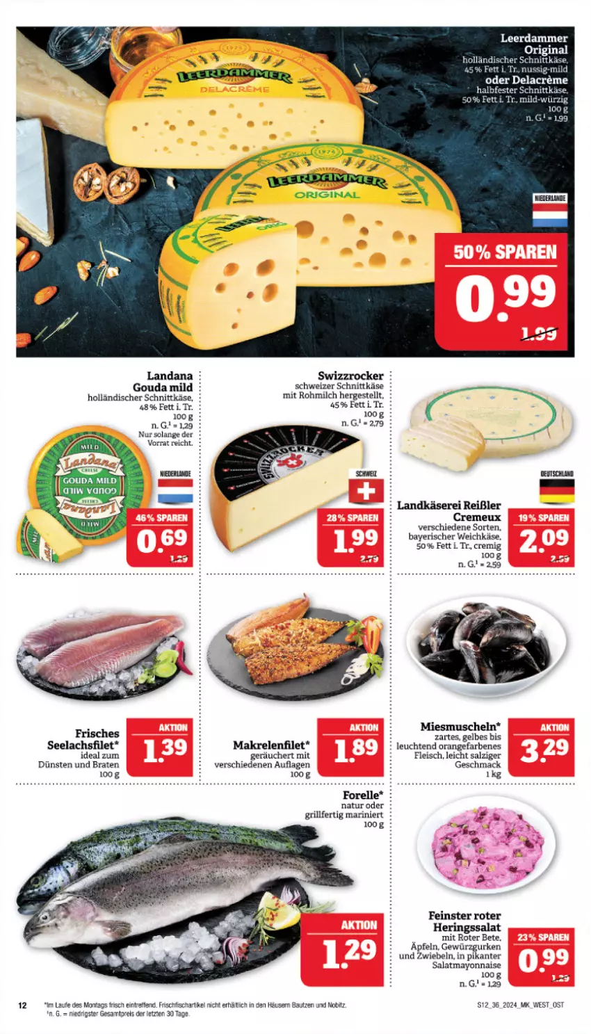 Aktueller Prospekt Marktkauf - Prospekt - von 01.09 bis 07.09.2024 - strona 14 - produkty: apfel, Bau, braten, creme, eis, elle, filet, fisch, fleisch, forelle, frischfisch, gewürz, Gewürzgurke, gewürzgurken, gin, gouda, grill, gurke, gurken, halbfester schnittkäse, hering, Herings, holländischer schnittkäse, Käse, lachs, lachsfilet, landkäse, leerdammer, Leuchte, leuchten, mac, Makrele, mayonnaise, milch, Muscheln, natur, ndk, nuss, orange, reis, rel, ring, salat, salz, schnittkäse, schweizer schnittkäse, seelachsfilet, Swizzrocker, Ti, weichkäse, Yo, Zelt, ZTE, zwiebel, zwiebeln