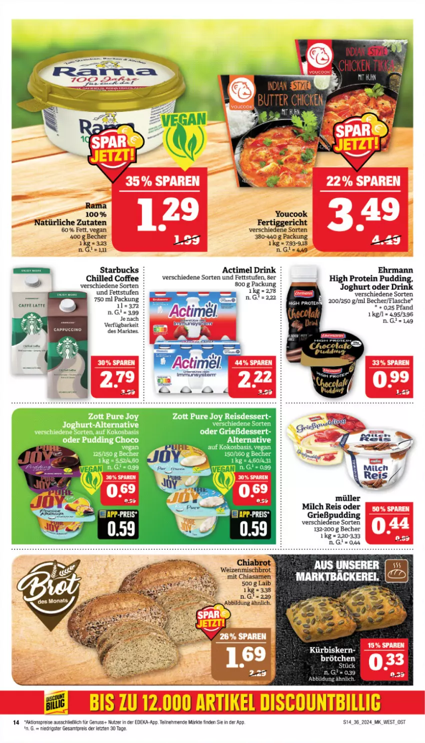 Aktueller Prospekt Marktkauf - Prospekt - von 01.09 bis 07.09.2024 - strona 16 - produkty: actimel, actimel drink, aktionspreis, Becher, brot, chia, deka, dessert, discount, drink, ehrmann, eis, ente, fertiggericht, flasche, Grießpudding, joghur, joghurt, kokos, Kürbis, milch, Müller, nuss, pudding, rama, reis, starbucks, Ti, weizenmischbrot, Yo, YouCook, zott, ZTE