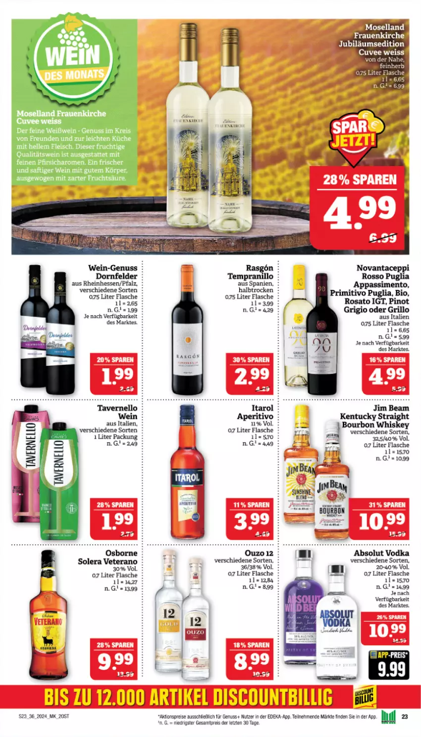 Aktueller Prospekt Marktkauf - Prospekt - von 01.09 bis 07.09.2024 - strona 25 - produkty: Absolut Vodka, aktionspreis, bio, bourbon, bourbon whiskey, deka, dornfelder, eis, flasche, frucht, grill, grillo, jim beam, Jubiläums, kentucky straight, küche, moselland, nuss, osborne, pfirsich, Pinot, primitivo, qualitätswein, reis, rosato, saft, sim, tempranillo, Ti, tuc, veterano, vodka, wein, whiskey, ZTE