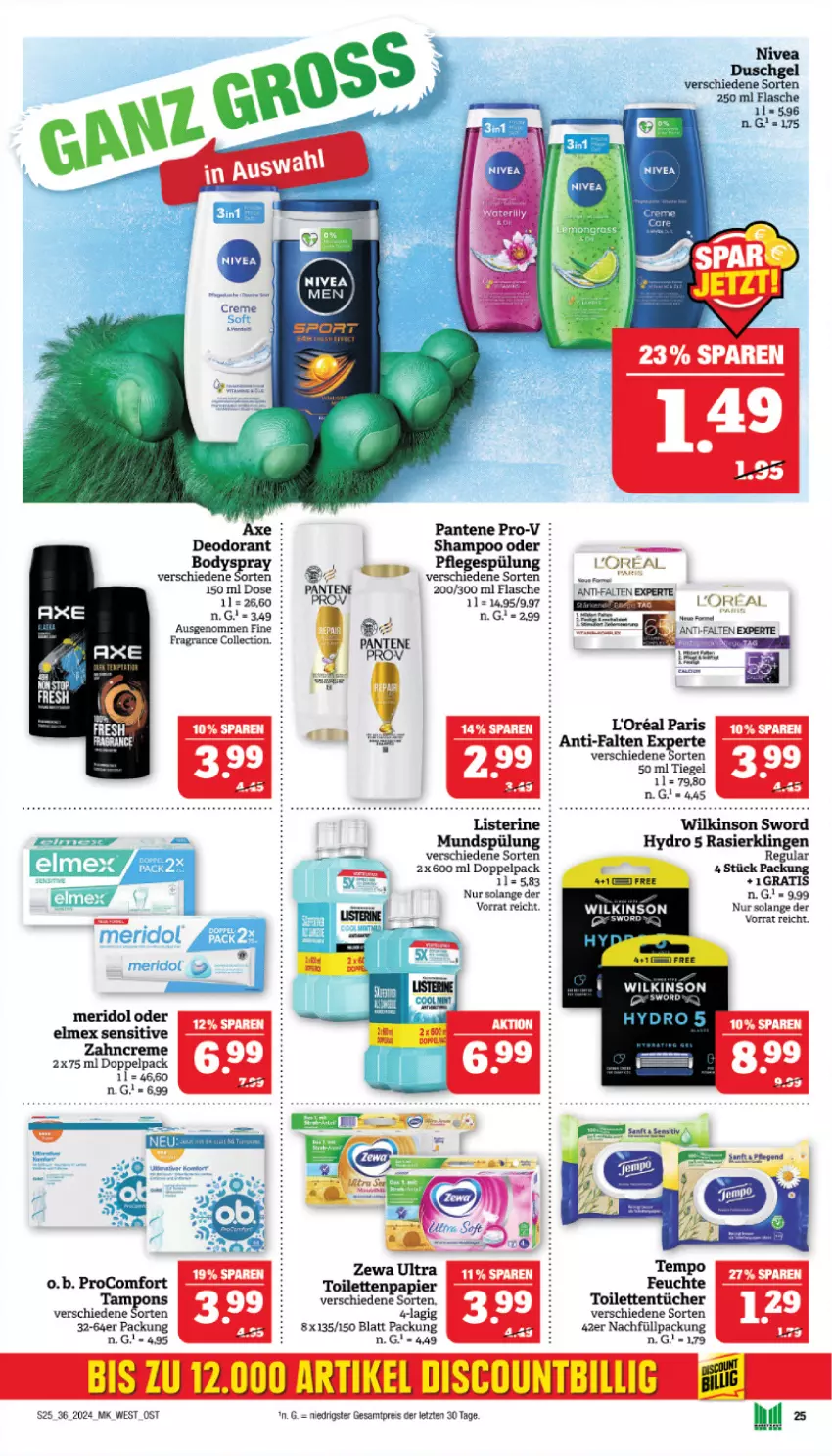 Aktueller Prospekt Marktkauf - Prospekt - von 01.09 bis 07.09.2024 - strona 27 - produkty: anti-falten experte, axe, body, bodyspray, creme, deo, deodorant, discount, duschgel, eis, elmex, flasche, l'oreal, loreal, meridol, nivea, O.b., pantene, pantene pro-v, papier, Pflegespülung, pro-v, procomfort, Rasierklinge, rasierklingen, reis, shampoo, spülung, Tampon, tampons, Tempo, Ti, toilettenpapier, toilettentücher, tücher, wilkinson, zahncreme, zewa, ZTE