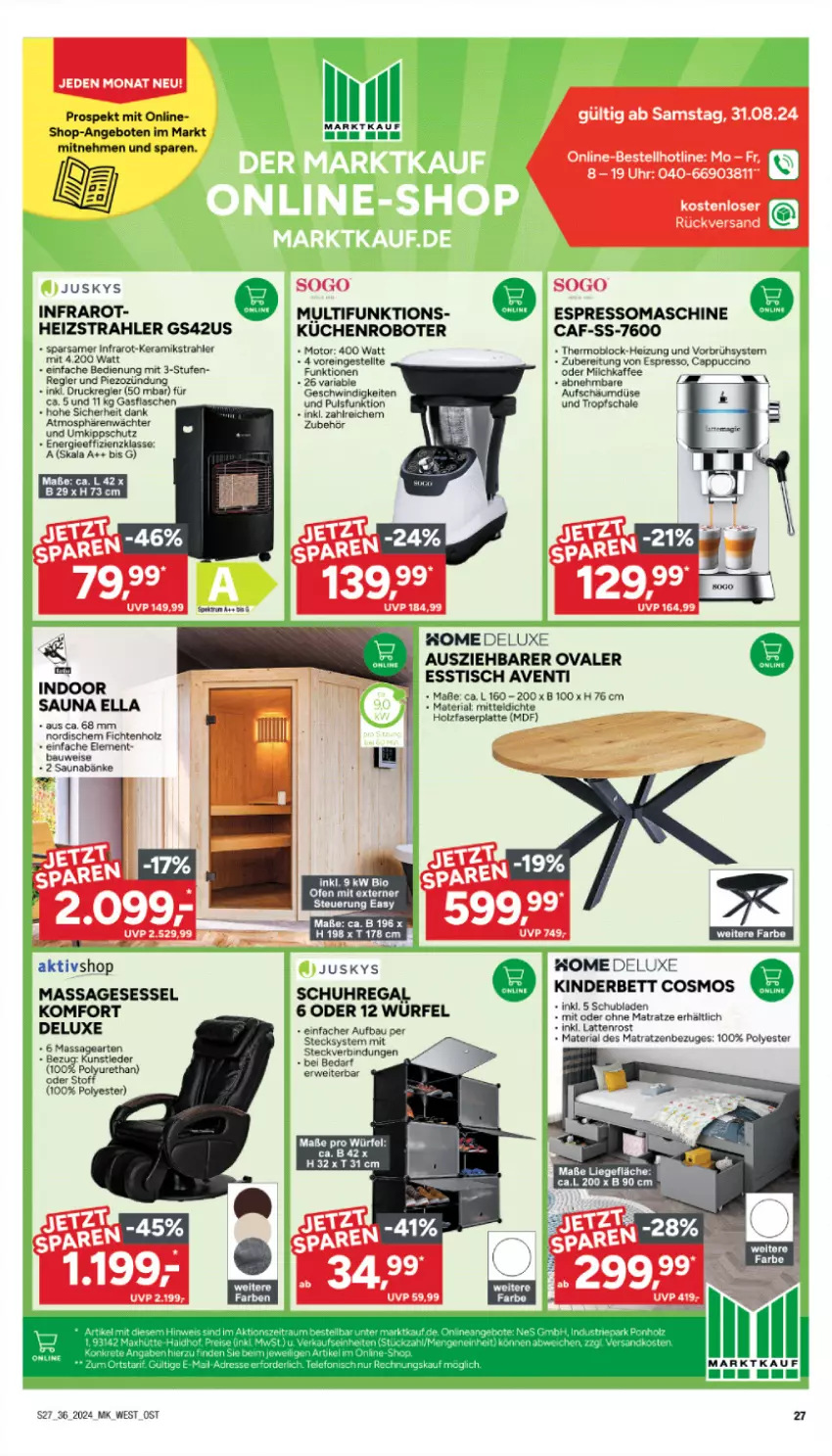 Aktueller Prospekt Marktkauf - Prospekt - von 01.09 bis 07.09.2024 - strona 29 - produkty: angebot, angebote, Bau, bett, bio, Cap, cappuccino, cin, eis, espresso, esstisch, flasche, gasflaschen, Holz, kaffee, Kinder, Kinderbett, küche, Küchen, latte, lattenrost, matratze, matratzen, milch, Ofen, regal, Ria, rwe, Schal, Schale, schuhregal, sessel, Ti, tisch, uhr, würfel