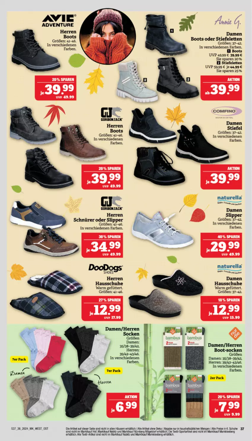 Aktueller Prospekt Marktkauf - Prospekt - von 01.09 bis 07.09.2024 - strona 39 - produkty: bambus, eis, Hausschuhe, natur, Naturella, obst, reis, rel, schuhe, slip, Slipper, socken, Sport, Stiefeletten, Ti