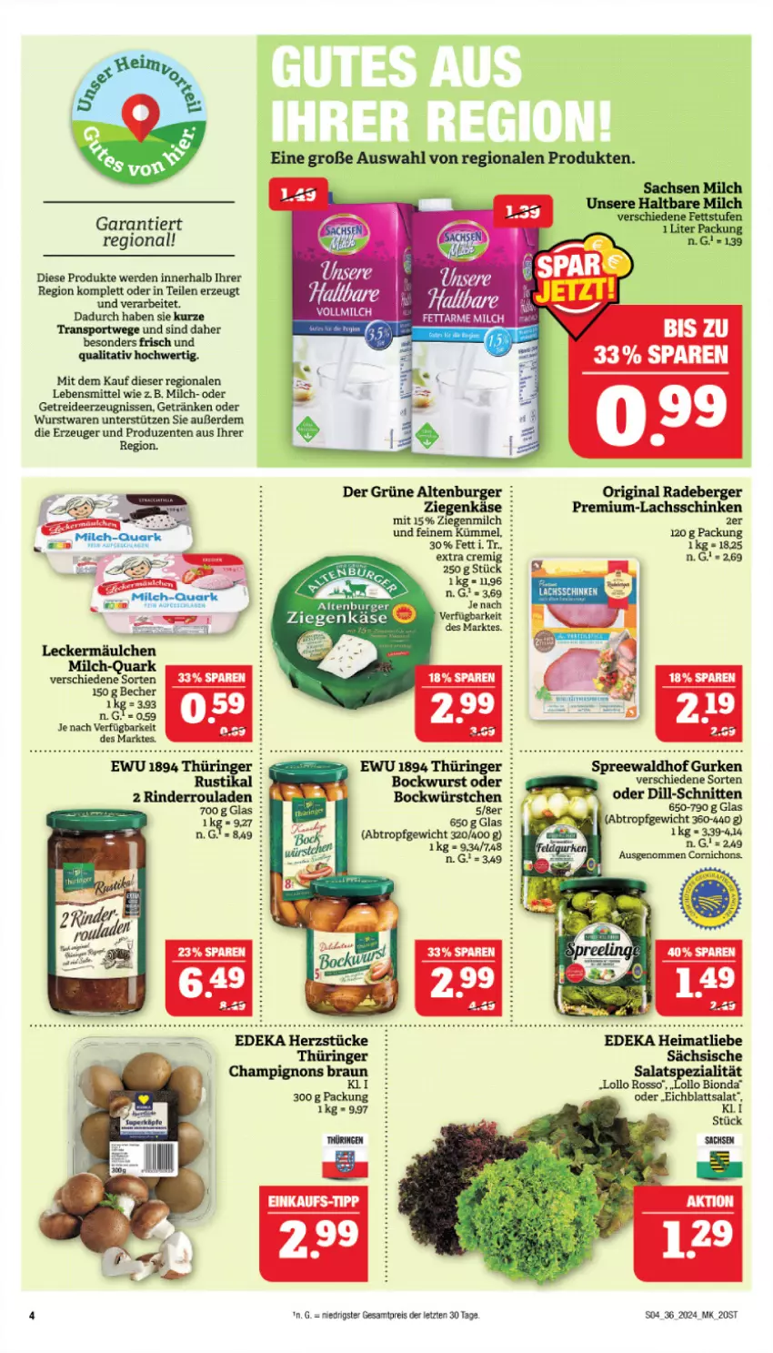 Aktueller Prospekt Marktkauf - Prospekt - von 01.09 bis 07.09.2024 - strona 6 - produkty: altenburger, Becher, Berger, bio, bockwurst, burger, champignon, champignons, Eichblattsalat, eis, ente, erde, getränk, getränke, gin, gurke, gurken, Käse, lachs, lachsschinken, lebensmittel, leckermäulchen, milch, quark, radeberger, reis, ring, salat, schinken, schnitten, Sport, spreewaldhof, Ti, vollmilch, wurst, würstchen, ziegenkäse, ZTE