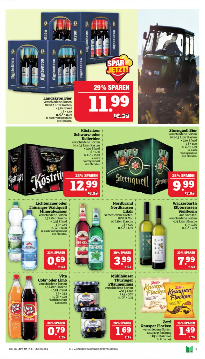 Aktueller Prospekt Marktkauf - Prospekt - von 01.09 bis 07.09.2024 - strona 7 - produkty: Alwa, auer, bier, cola, eis, elle, flasche, kellerbier, köstritzer, lichtenauer, likör, limo, mineralwasser, mühlhäuser, nordbrand, pflaume, pflaumen, pflaumenmus, reis, ring, sac, Ti, vita, wasser, wein, Weißwein, ZTE