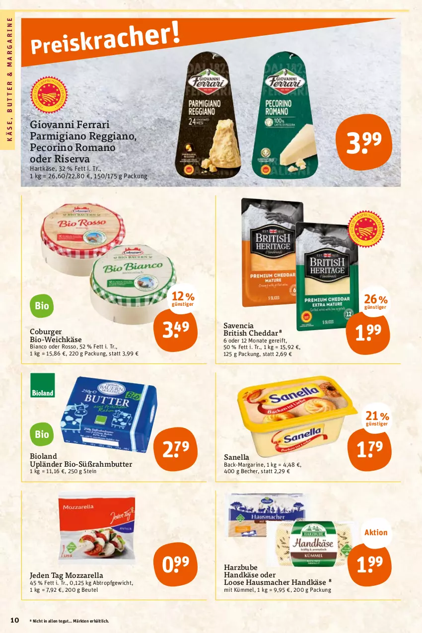 Aktueller Prospekt Tegut - Angebote der Woche - von 08.05 bis 13.05.2023 - strona 12 - produkty: Becher, beutel, bio, bioland, burger, butter, cheddar, hartkäse, Hausmacher, Käse, Loose, mac, margarine, mozzarella, ndk, parmigiano, parmigiano reggiano, Pecorino, reggiano, rel, riserva, Süßrahmbutter, Ti, weichkäse, ZTE