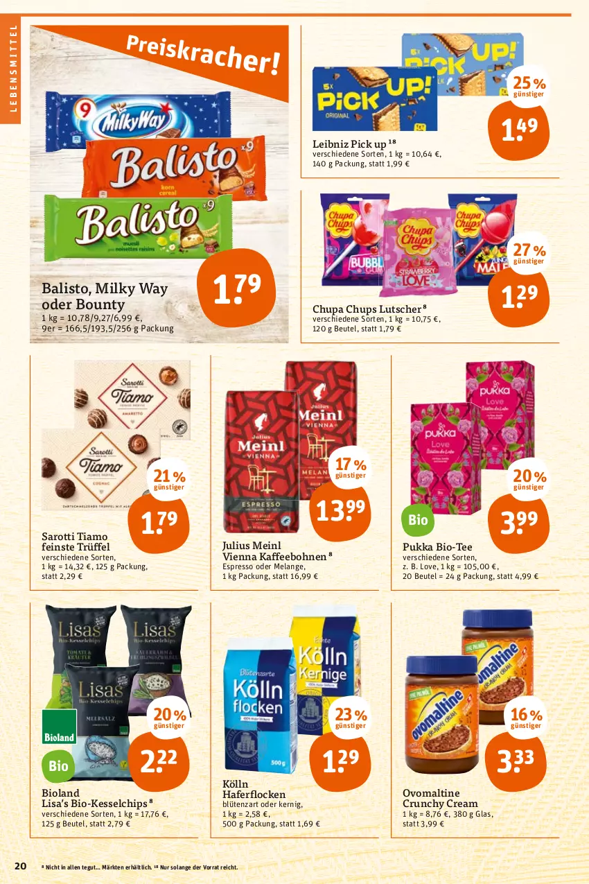 Aktueller Prospekt Tegut - Angebote der Woche - von 08.05 bis 13.05.2023 - strona 22 - produkty: balisto, beutel, bio, bioland, Blüte, bohne, bohnen, bounty, chips, chupa, chupa chups, Elan, espresso, espresso oder, hafer, haferflocken, Julius Meinl, kaffee, kaffeebohnen, kölln, lebensmittel, leibniz, Lutscher, milky way, ovomaltine, saro, sarotti, tee, Ti, Trüffel