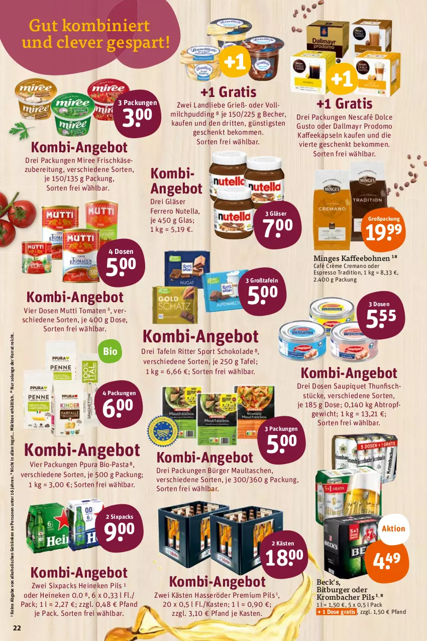 Aktueller Prospekt Tegut - Angebote der Woche - von 08.05 bis 13.05.2023 - strona 24 - produkty: alkohol, angebot, Becher, beko, bio, bitburger, bohne, bohnen, burger, dallmayr, dallmayr prodomo, dolce gusto, espresso, ferrero, fisch, frischkäse, frischkäsezubereitung, getränk, getränke, Gläser, hasseröder, heineken, HP, kaffee, kaffeebohnen, Käse, krombache, krombacher, krombacher pils, landliebe, maultaschen, milch, miree, Mutti, Nescafé, nutella, oder espresso, pasta, pils, premium pils, prodomo, pudding, ritter, ritter sport, saupiquet, schoko, schokolade, Sport, Tasche, taschen, thunfisch, Ti, tomate, tomaten, vollmilch