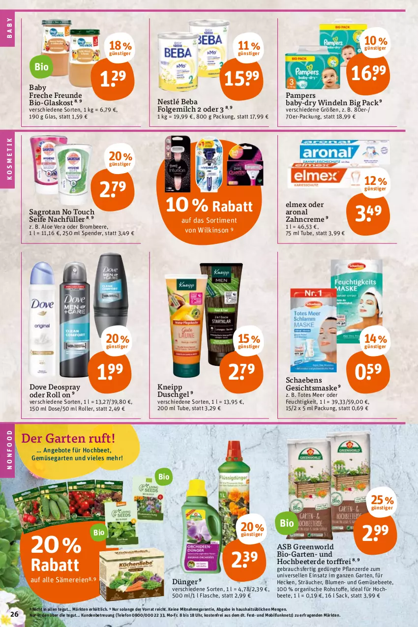 Aktueller Prospekt Tegut - Angebote der Woche - von 08.05 bis 13.05.2023 - strona 28 - produkty: aloe vera, angebot, angebote, baby-dry, Beba, beere, bio, blume, blumen, brombeere, creme, deo, deospray, dove, dünger, duschgel, elle, elmex, erde, flasche, folgemilch, freche freunde, Garten, Gesichtsmaske, kneipp, kosmetik, LG, Maske, milch, nestlé, pampers, pflanze, pflanzerde, Rauch, Roller, sac, sagrotan, Schaebens, Seife, telefon, Ti, uhr, und gemüse, wilkinson, windeln, zahncreme