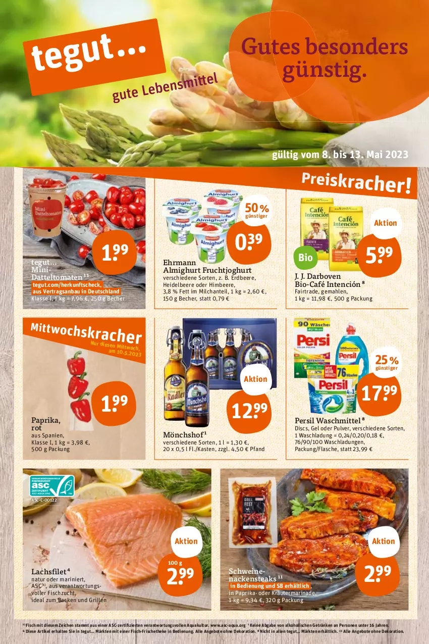 Aktueller Prospekt Tegut - Angebote der Woche - von 08.05 bis 13.05.2023 - strona 3 - produkty: alkohol, almighur, almighurt, angebot, angebote, aqua, Bau, Becher, beere, bio, darbo, darboven, datteltomaten, dekoration, ehrmann, ehrmann almighurt, erdbeere, filet, fisch, flasche, frucht, fruchtjoghurt, getränk, getränke, grill, heidelbeere, himbeer, himbeere, joghur, joghurt, kräuter, lachs, lachsfilet, marinade, milch, mönchshof, Nackensteak, nackensteaks, natur, oder kräuter, paprika, persil, persil waschmittel, schwein, schweine, schweinenacken, steak, steaks, Ti, tomate, tomaten, waschmittel, wein, weine