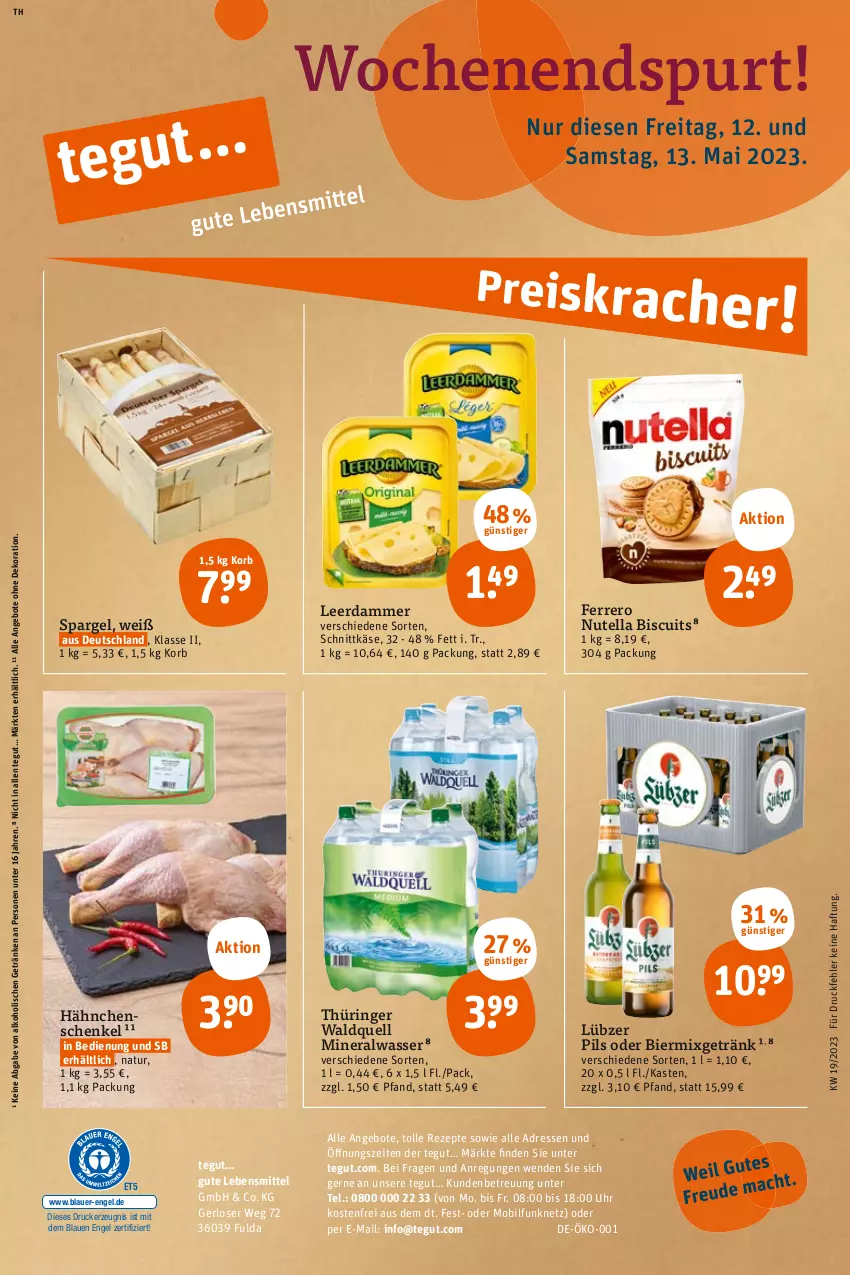 Aktueller Prospekt Tegut - Angebote der Woche - von 08.05 bis 13.05.2023 - strona 30 - produkty: alkohol, Alwa, angebot, angebote, auer, bier, dekoration, drucker, Engel, ferrero, Fulda, getränk, getränke, hähnchenschenkel, henkel, Käse, kerze, korb, lebensmittel, leerdammer, Lübzer, mineralwasser, Mixgetränk, natur, nutella, pils, rezept, rezepte, ring, schenkel, schnittkäse, spargel, Ti, uhr, wasser