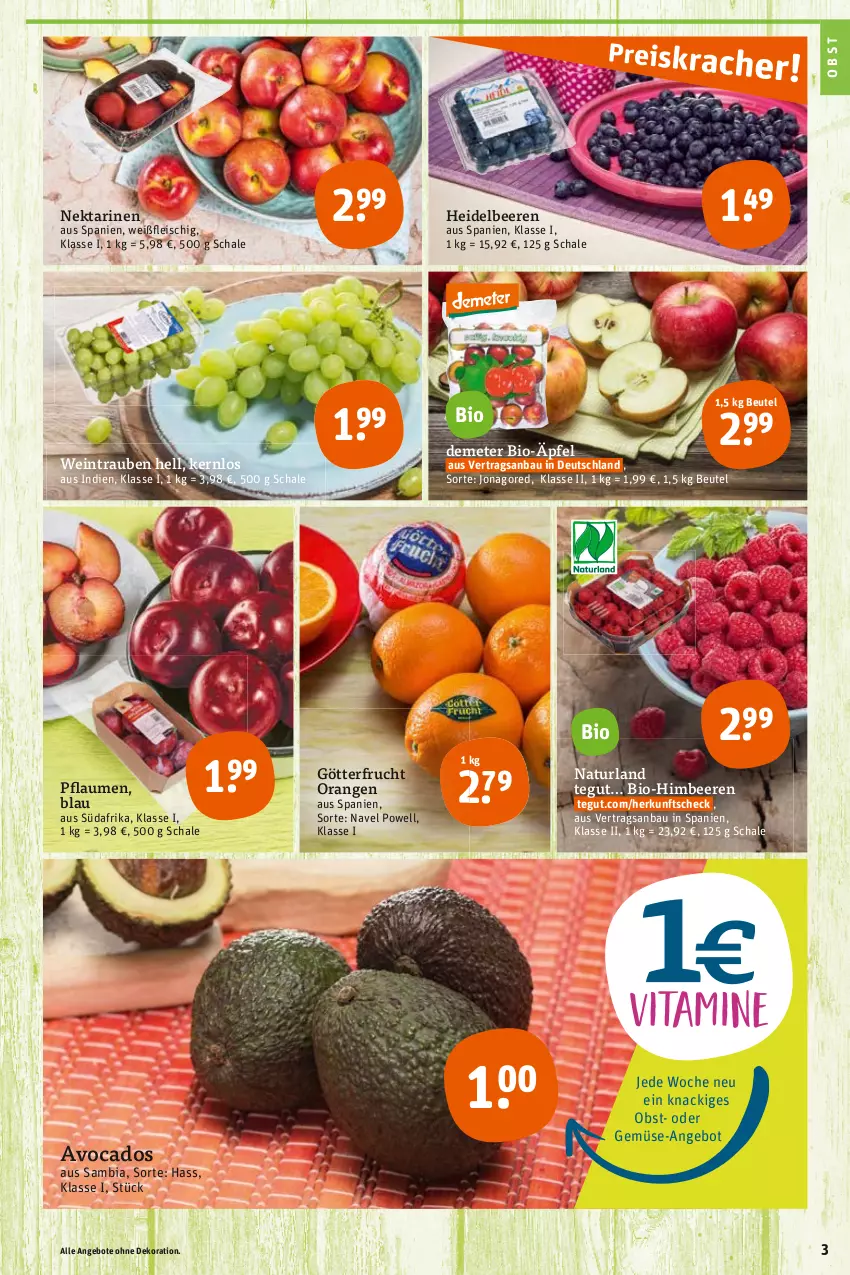 Aktueller Prospekt Tegut - Angebote der Woche - von 08.05 bis 13.05.2023 - strona 5 - produkty: ambia, angebot, angebote, avocado, avocados, Bau, beere, beeren, beutel, bio, dekoration, eis, fleisch, frucht, heidelbeere, heidelbeeren, himbeer, himbeere, himbeeren, jonagored, natur, naturland, Nektar, nektarinen, obst, orange, orangen, pflaume, pflaumen, Schal, Schale, Ti, trauben, wein