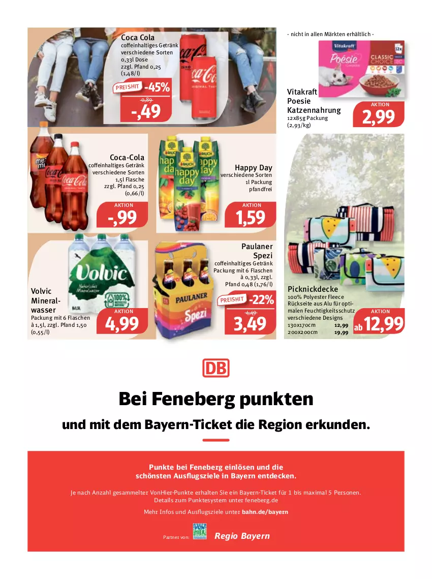 Aktueller Prospekt Feneberg - Prospekte - von 20.04 bis 22.04.2023 - strona 11 - produkty: Alwa, coca-cola, coffein, cola, decke, eis, flasche, getränk, Happy Day, katzennahrung, kraft, mineralwasser, Paula, paulaner, picknickdecke, reis, Spezi, Ti, vita, vitakraft, volvic, wasser