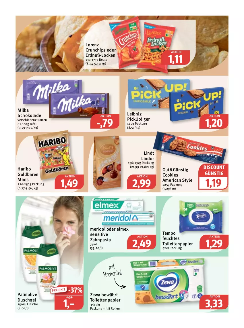 Aktueller Prospekt Feneberg - Prospekte - von 20.04 bis 22.04.2023 - strona 9 - produkty: beutel, chips, cookie, cookies, crunchips, discount, duschgel, eis, elmex, feuchtes toilettenpapier, flasche, goldbären, haribo, leibniz, lindor, lindt, lorenz, lorenz crunchips, meridol, milka, milka schokolade, olive, palmolive, papier, pasta, reis, schoko, schokolade, Tempo, Ti, toilettenpapier, zahnpasta, zewa