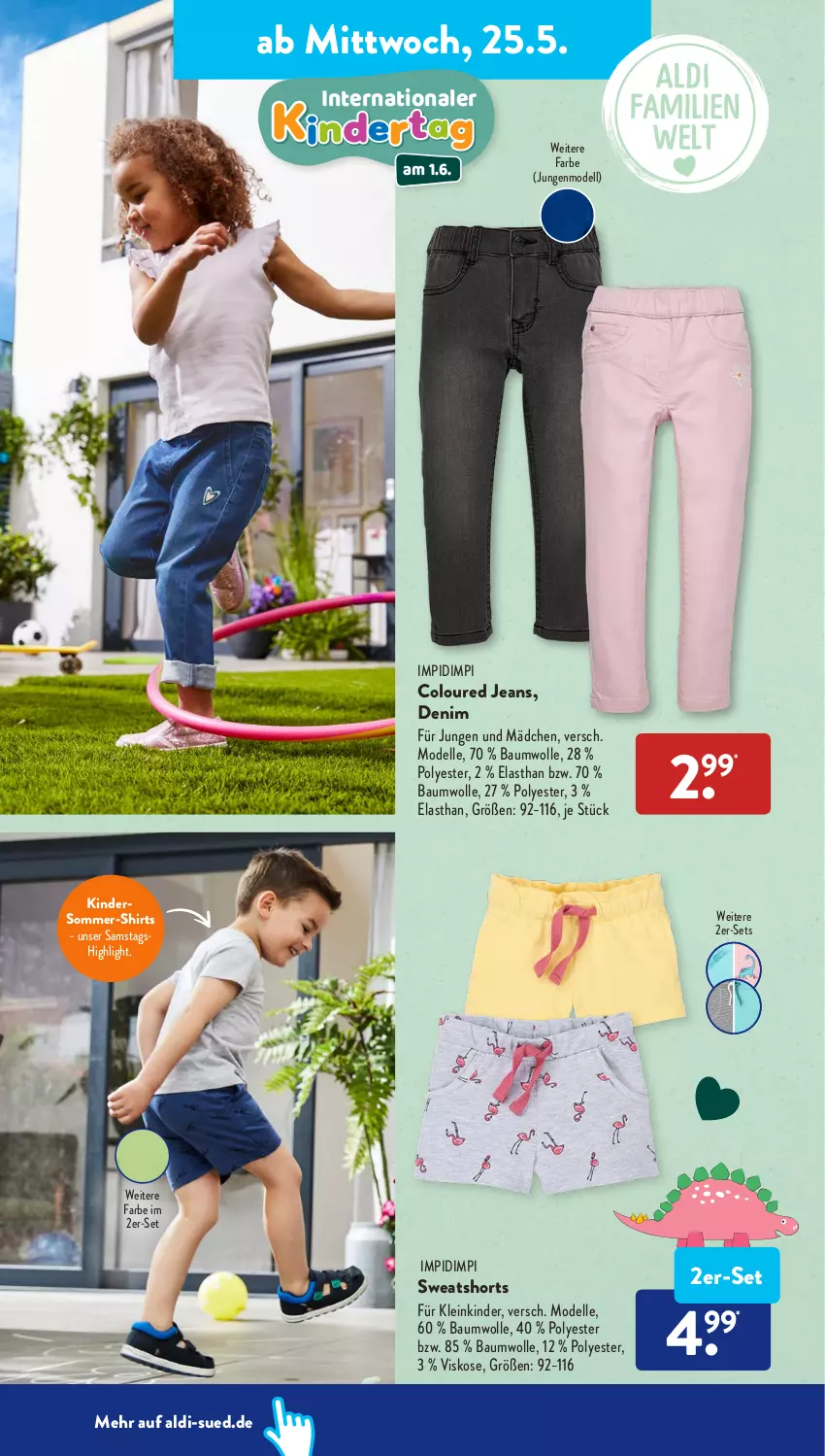 Aktueller Prospekt AldiSud - ALDI Aktuell - von 23.05 bis 28.05.2022 - strona 22 - produkty: aldi, Bau, baumwolle, dell, elle, jeans, Kinder, Mode, shirt, shirts, shorts, sweatshorts, Ti, wolle