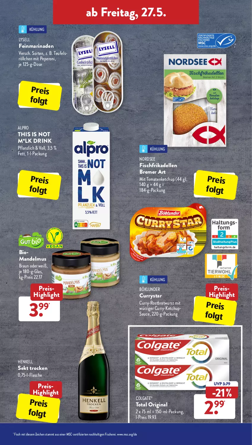 Aktueller Prospekt AldiSud - ALDI Aktuell - von 23.05 bis 28.05.2022 - strona 27 - produkty: alpro, bio, böklunder, bratwurst, braun, colgate, curry, dell, drink, eis, elle, fisch, fische, Fischer, flasche, frikadellen, gin, henkel, henkell, henkell sekt, ketchup, LG, lysell, mandel, Mandelmus, marinade, Nordsee, peperoni, Peroni, reis, rostbratwurst, sauce, Schere, sekt, Ti, tomate, tomaten, tomatenketchup, wurst