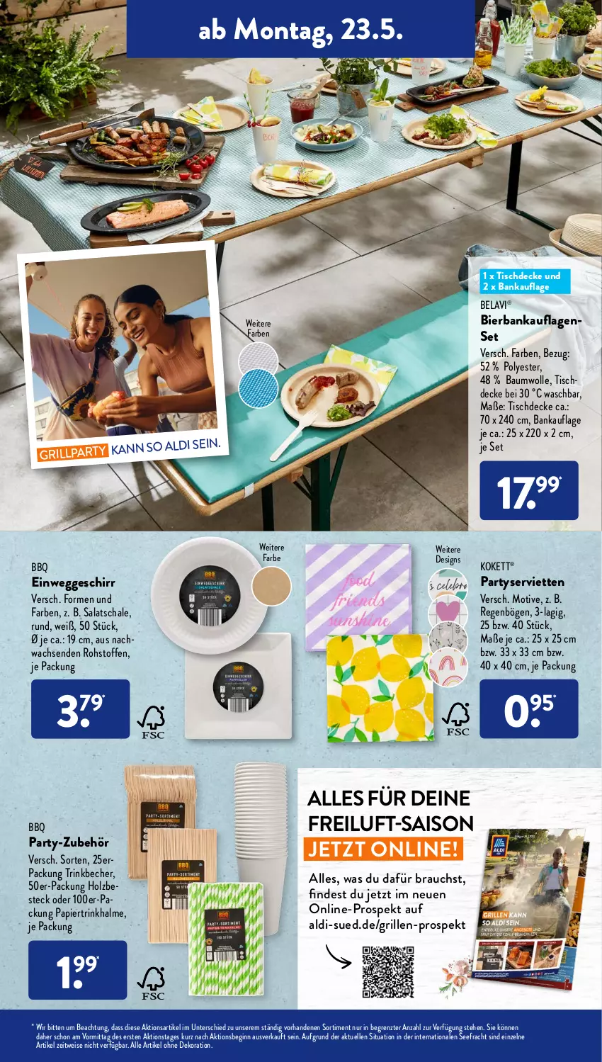 Aktueller Prospekt AldiSud - ALDI Aktuell - von 23.05 bis 28.05.2022 - strona 3 - produkty: aldi, alle artikel ohne dekoration, Bank, Bau, baumwolle, Becher, besteck, bier, decke, dekoration, eis, elle, geschirr, gin, grill, Holz, papier, Rauch, salat, Schal, Schale, Serviette, servietten, Ti, tisch, tischdecke, trinkbecher, Trinkhalme, wolle, ZTE