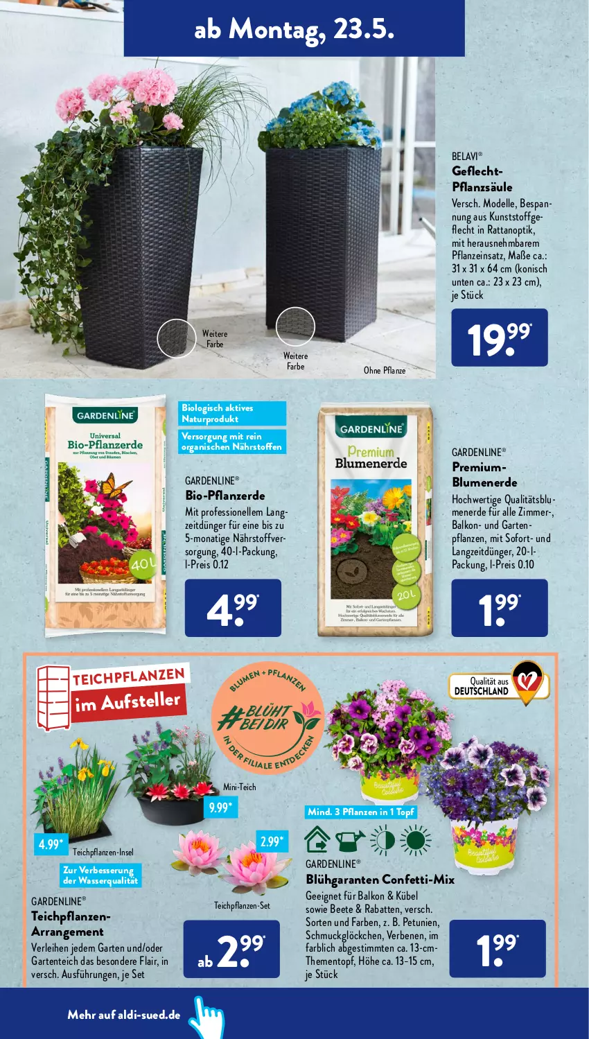 Aktueller Prospekt AldiSud - ALDI Aktuell - von 23.05 bis 28.05.2022 - strona 6 - produkty: aldi, bio, blume, blumen, blumenerde, dell, dünger, eis, elle, ente, erde, gardenline®, Garten, Gartenpflanze, HP, kunststoffgeflecht, Mode, monati, natur, petunie, petunien, pflanze, pflanzen, pflanzerde, reis, Schmuck, teller, Ti, topf, wasser