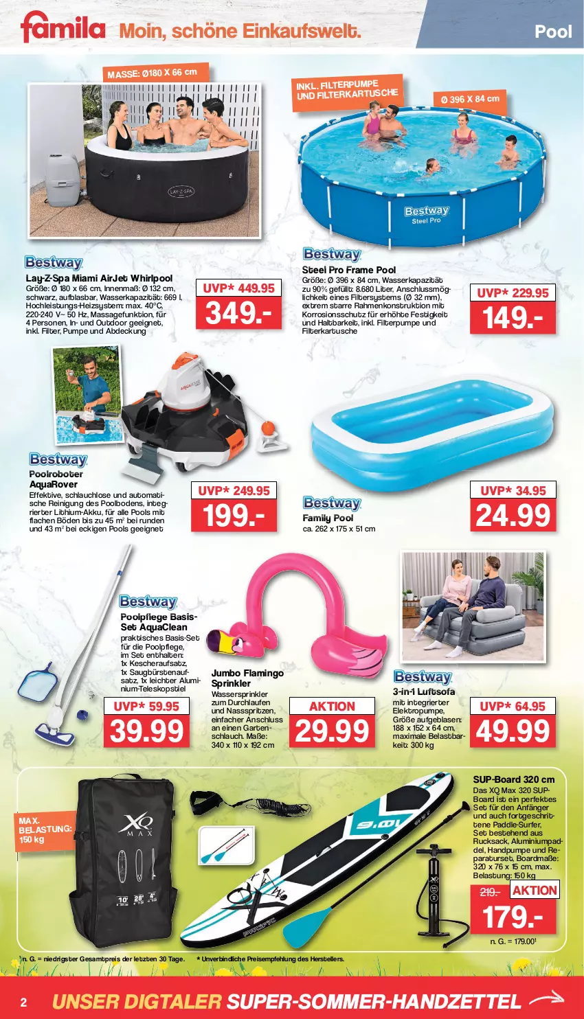 Aktueller Prospekt Famila - Prospekte - von 03.07 bis 08.07.2023 - strona 2 - produkty: akku, aqua, auto, bürste, bürsten, eis, Elektro, elle, family pool, Garten, gartenschlauch, gefu, jumbo, Kescher, Kescheraufsatz, Laufen, pool, Reinigung, reis, rucksack, rwe, sac, schlauch, Sofa, steel pro, Surf, tee, Teleskop, teleskopstiel, teller, Ti, tisch, wasser, Whirlpool, ZTE