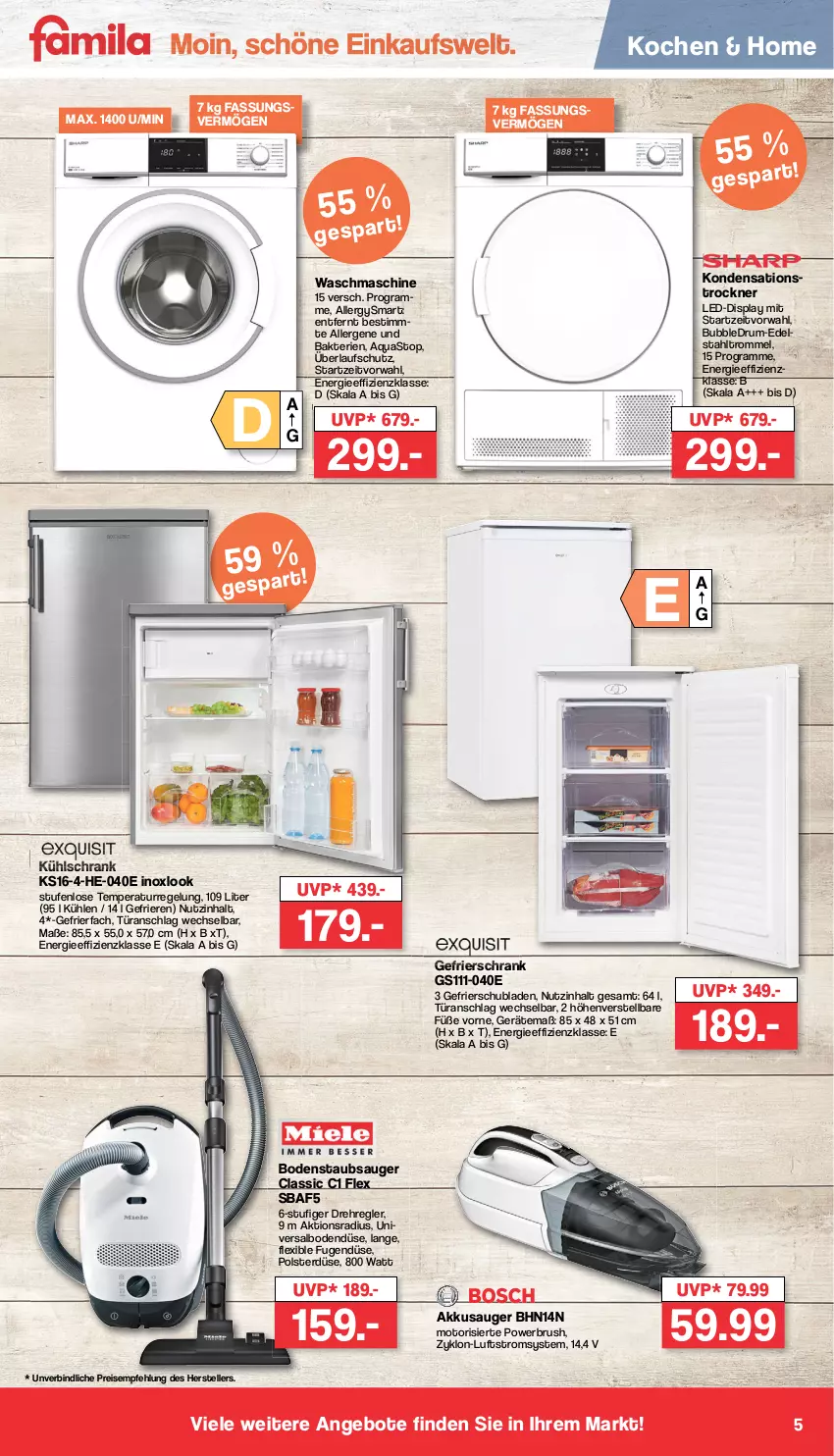 Aktueller Prospekt Famila - Prospekte - von 03.07 bis 08.07.2023 - strona 5 - produkty: akku, angebot, angebote, aqua, aquastop, bodenstaubsauger, edelstahl, eis, elle, gefrierfach, gefrierschrank, kühlschrank, reis, rum, Schrank, schubladen, staubsauger, teller, Ti, Trockner, trommel, türanschlag wechselbar, waschmaschine