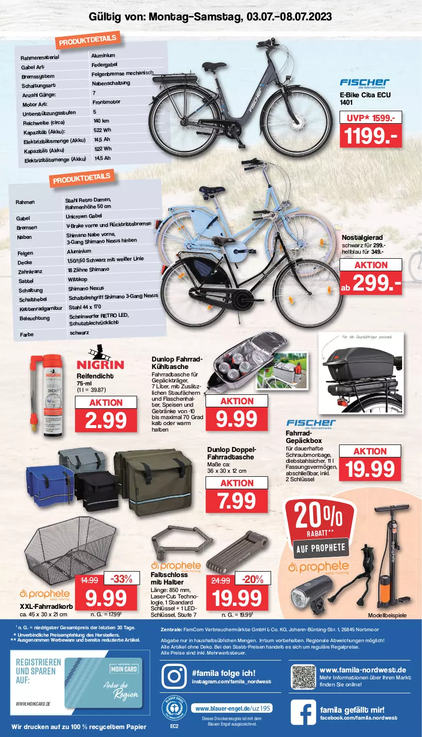 Aktueller Prospekt Famila - Prospekte - von 03.07 bis 08.07.2023 - strona 8 - produkty: akku, auer, beleuchtung, decke, dell, drucker, dunlop, E-Bike, eis, elle, Engel, Fahrrad, Fahrradtasche, Faltschloss, felgen, flasche, gabel, garnitur, getränk, getränke, kerze, Kette, korb, Kranz, kühltasche, leds, LG, Mode, nexus, papier, prophete, Rauch, regal, reifen, reis, Ria, rücklicht, rwe, sattel, Schal, shimano, Spiele, Tasche, teller, Ti, ZTE