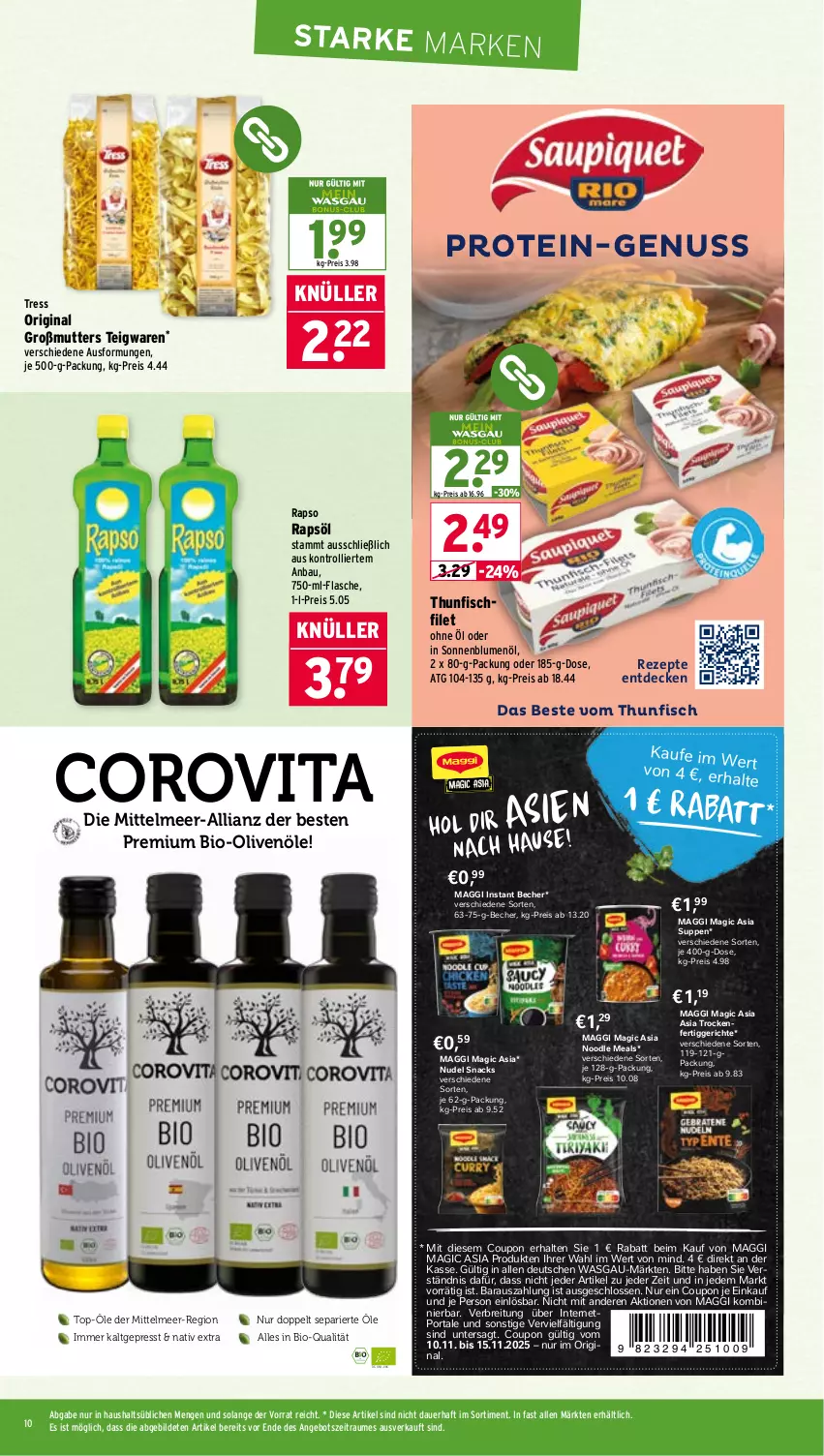 Aktueller Prospekt Wasgau - von 10.11 bis 15.11.2025 - strona 10 - produkty: angebot, auer, Bau, Becher, bio, Bio-Olivenöl, blume, blumen, blumenöl, Brei, coupon, decke, eis, fertiggericht, fertiggerichte, filet, fisch, flasche, gin, maggi, nudel, nuss, olive, oliven, olivenöl, rapso, rapsöl, reis, rezept, rezepte, snack, snacks, sonnenblume, sonnenblumen, sonnenblumenöl, suppe, suppen, teigwaren, thunfisch, Ti, trolli, vita
