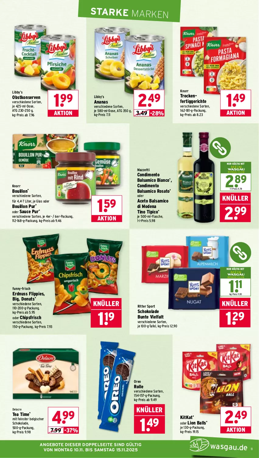 Aktueller Prospekt Wasgau - von 10.11 bis 15.11.2025 - strona 11 - produkty: aceto, aceto balsamico, ananas, angebot, angebote, ball, balsam, balsamico, balsamico bianco, chips, chipsfrisch, condimento, Donut, donuts, eis, erdnuss, fertiggericht, fertiggerichte, flasche, flippies, funny-frisch, je 500-ml-flasche, kitkat, knorr, Konserven, LG, lion, Mode, nuss, obst, oreo, reis, ritter, ritter sport, rosato, sauce, schoko, schokolade, Sport, Ti, Tipi