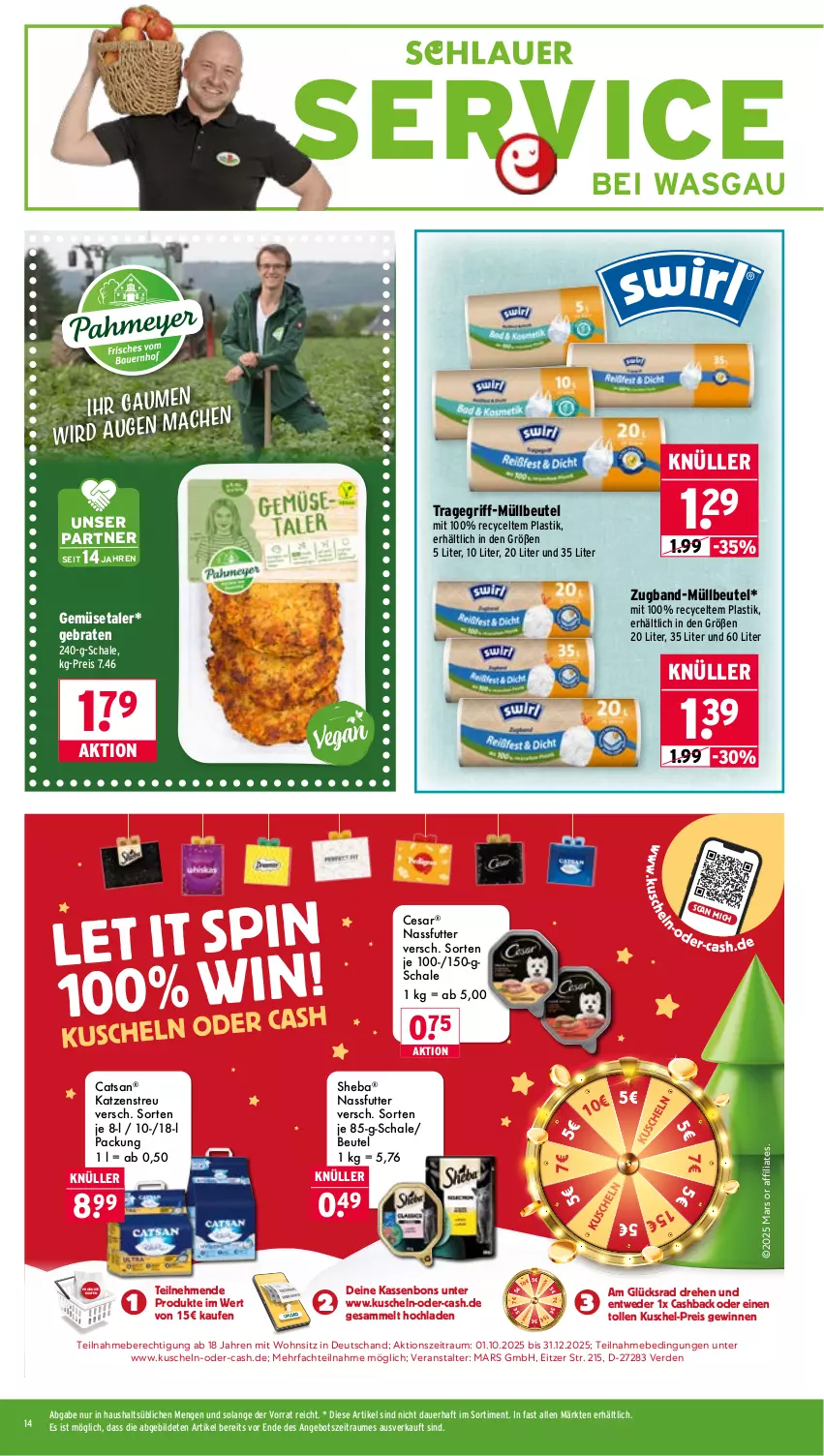 Aktueller Prospekt Wasgau - von 10.11 bis 15.11.2025 - strona 14 - produkty: angebot, asti, auer, beutel, braten, catsan, eis, erde, Katzenstreu, mac, mars, müllbeutel, nassfutter, reis, Schal, Schale, sheba, Ti, tragegriff