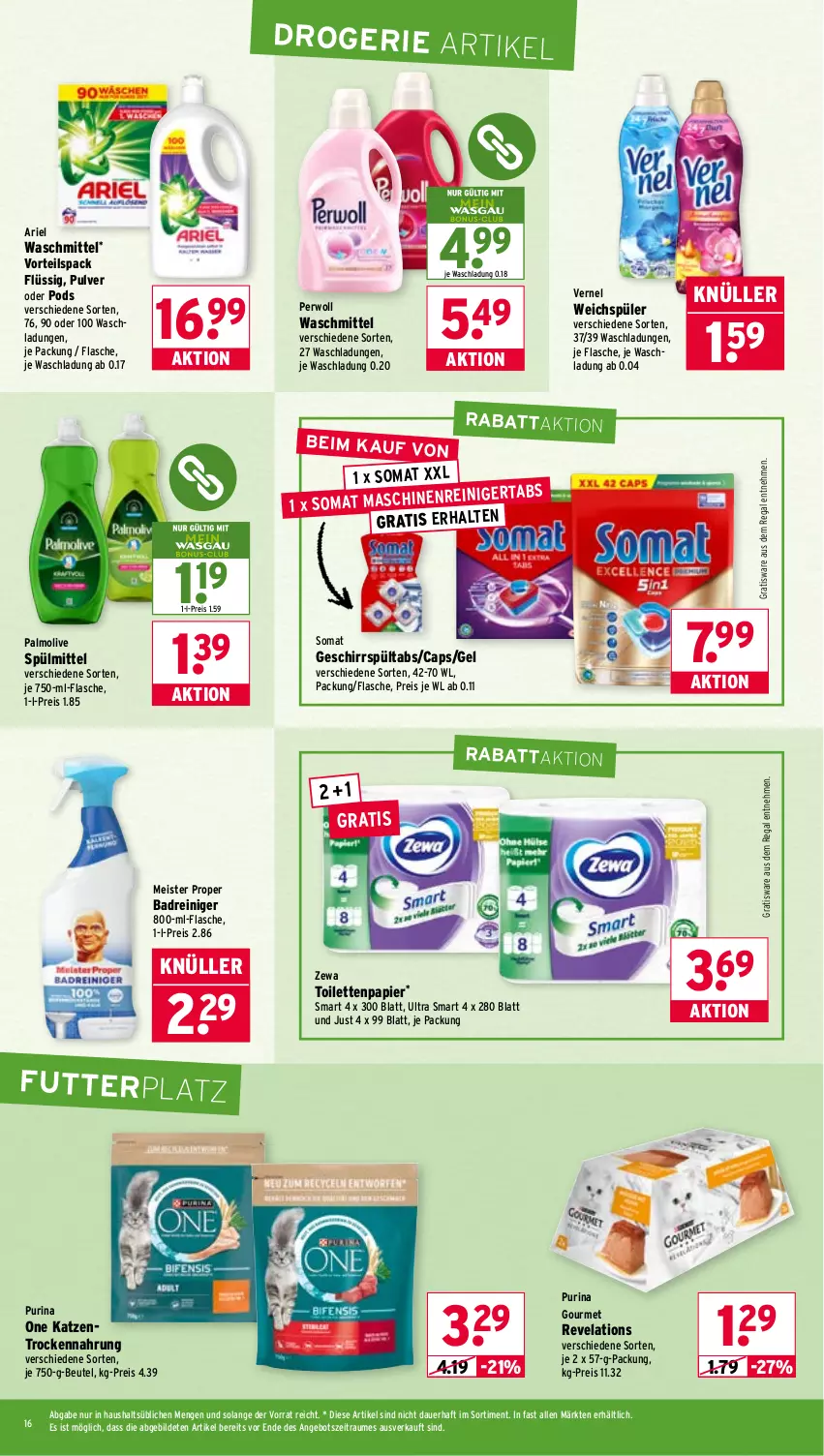 Aktueller Prospekt Wasgau - von 10.11 bis 15.11.2025 - strona 16 - produkty: angebot, ariel, ariel waschmittel, auer, Bad, beutel, Cap, eis, flasche, geschirr, Meister, meister proper, olive, palmolive, papier, perwoll, Pods, purina, regal, reiniger, reis, somat, spülmittel, Ti, toilettenpapier, Trockennahrung, vernel, waschmittel, weichspüler, zewa