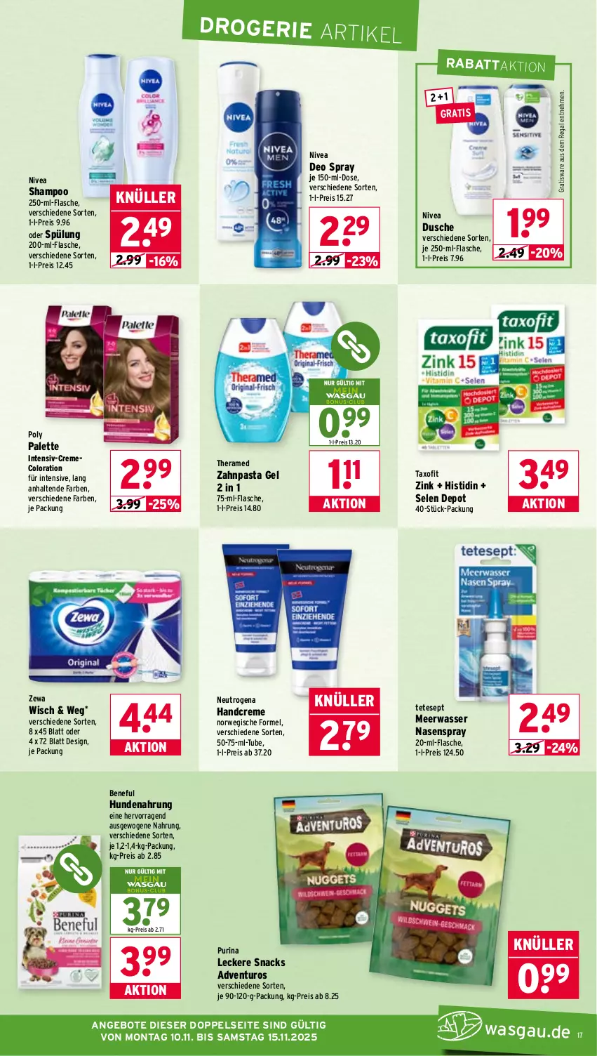 Aktueller Prospekt Wasgau - von 10.11 bis 15.11.2025 - strona 17 - produkty: adventuros, angebot, angebote, creme, deo, deo spray, dusche, eis, flasche, handcreme, hundenahrung, Meerwasser, Nasenspray, neutrogena, nivea, Palette, pasta, purina, regal, reis, rwe, shampoo, snack, snacks, spülung, Taxofit, theramed, Ti, wasser, zahnpasta, zewa