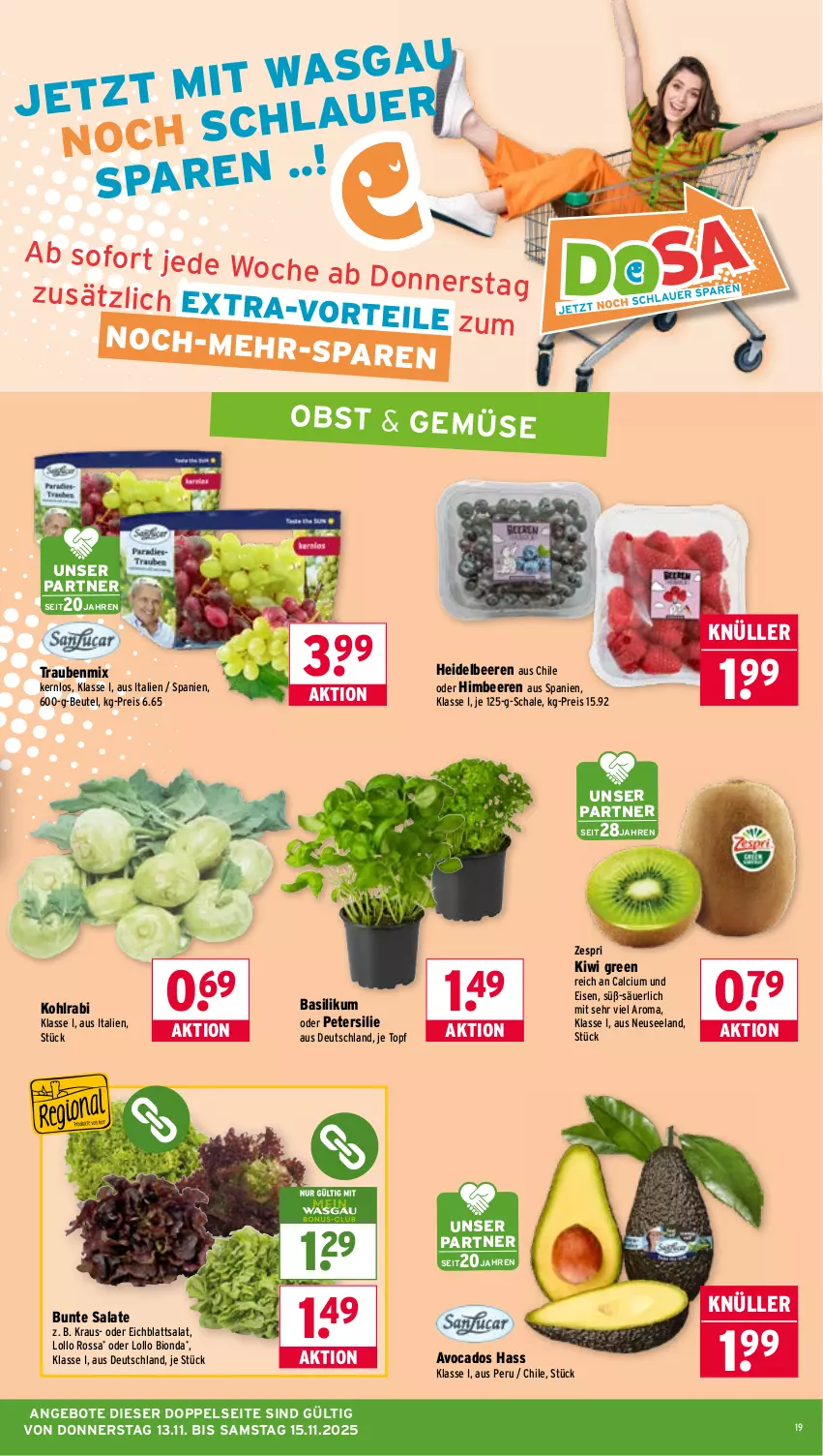 Aktueller Prospekt Wasgau - von 10.11 bis 15.11.2025 - strona 19 - produkty: angebot, angebote, auer, avocado, avocados, basilikum, beere, beeren, beutel, bio, bunte salate, Calcium, Eichblattsalat, eis, Elan, heidelbeere, heidelbeeren, himbeer, himbeere, himbeeren, kiwi, kohlrabi, obst, petersilie, reis, salat, salate, Schal, Schale, Ti, topf, trauben, zespri
