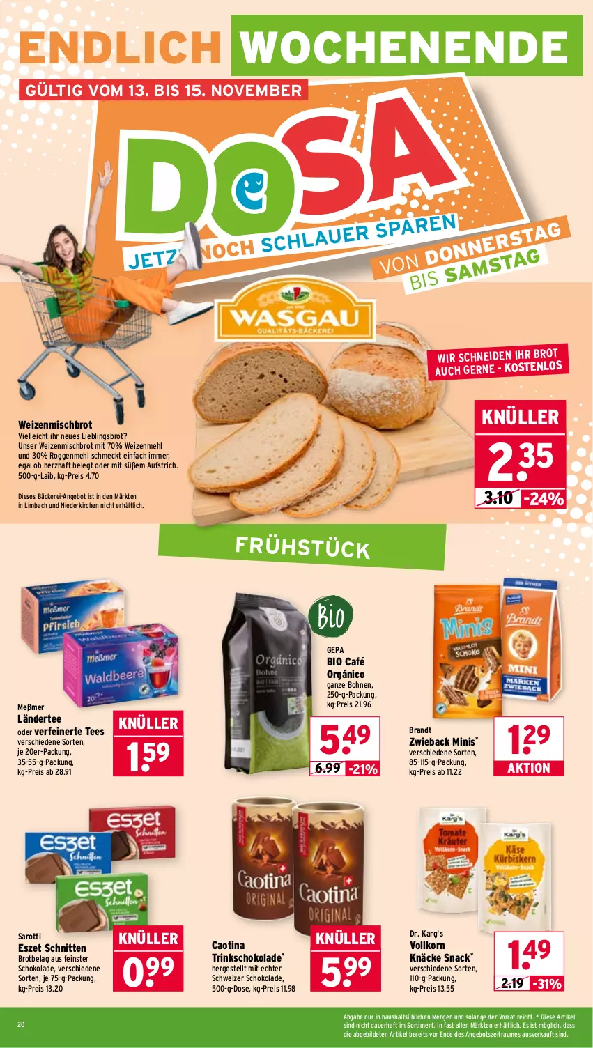 Aktueller Prospekt Wasgau - von 10.11 bis 15.11.2025 - strona 20 - produkty: angebot, auer, aufstrich, bio, bohne, bohnen, brandt, brot, eis, elle, korn, Ländertee, mehl, Meßmer, reis, saro, sarotti, schnitten, schoko, schokolade, snack, tee, Ti, weizenmehl, weizenmischbrot