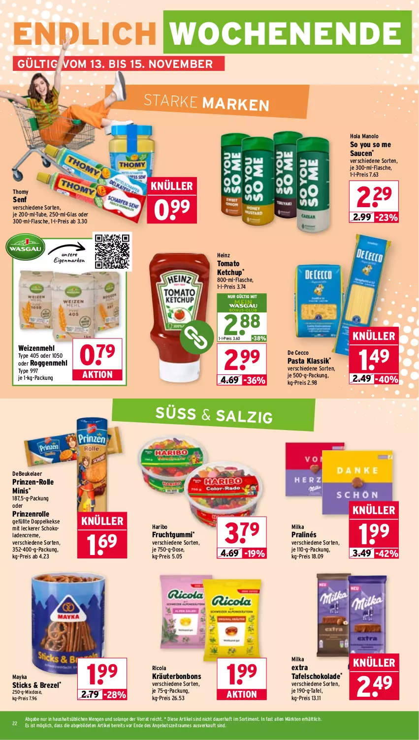 Aktueller Prospekt Wasgau - von 10.11 bis 15.11.2025 - strona 22 - produkty: angebot, auer, bonbons, brezel, cola, creme, De Cecco, debeukelaer, Doppelkekse, ecco, eis, flasche, frucht, fruchtgummi, haribo, heinz, keks, kekse, ketchup, kräuter, mehl, milka, pasta, prinzenrolle, reis, Ricola, salz, sauce, saucen, schoko, schokolade, schokoladen, senf, tafelschokolade, thomy, Ti, tomato ketchup, type 405, weizenmehl, Yo