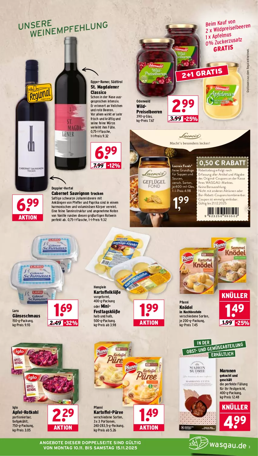 Aktueller Prospekt Wasgau - von 10.11 bis 15.11.2025 - strona 3 - produkty: angebot, angebote, apfel, beere, beeren, beutel, cabernet, cabernet sauvignon, classico, coupon, coupons, Egger, eis, flasche, gin, henglein, iglo, johannisbeere, kartoffel, Kartoffelklöße, Knödel, kochbeutel, LG, Maus, odenwald, paprika, pfanni, pfeffer, püree, rabatt-coupon, regal, reis, rotkohl, rotwein, saft, sauce, saucen, sauvignon, suppe, suppen, Ti, vanille, wein, weine, Wild, zucker