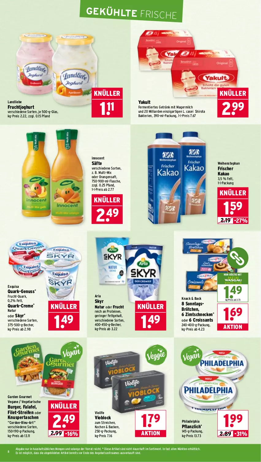 Aktueller Prospekt Wasgau - von 10.11 bis 15.11.2025 - strona 8 - produkty: angebot, arla, auer, Becher, brötchen, burger, creme, Croissant, croissants, eis, exquisa, Falafel, filet, flasche, frucht, fruchtjoghurt, garden gourmet, Germ, getränk, Innocent, joghur, joghurt, kakao, landliebe, milch, natur, nuss, orange, orangen, orangensaft, philadelphia, quark, reifen, reis, ring, saft, säfte, Skyr, Sonntagsbrötchen, Tasche, taschen, Ti, Vegeta, weihenstephan