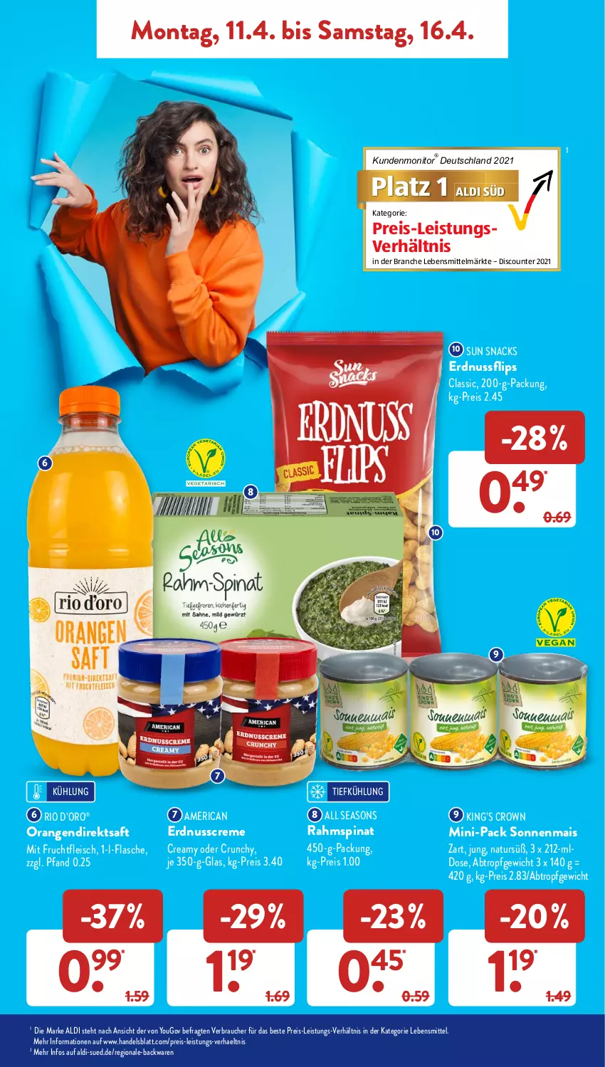 Aktueller Prospekt AldiSud - ALDI Aktuell - von 11.04 bis 16.04.2022 - strona 11 - produkty: aldi, backwaren, creme, direktsaft, discount, eis, erdnuss, flasche, fleisch, frucht, fruchtfleisch, lebensmittel, mais, mit frucht, monitor, natur, nuss, orange, orangen, Rauch, reis, saft, snack, snacks, spinat, Sun Snacks, Ti, Yo